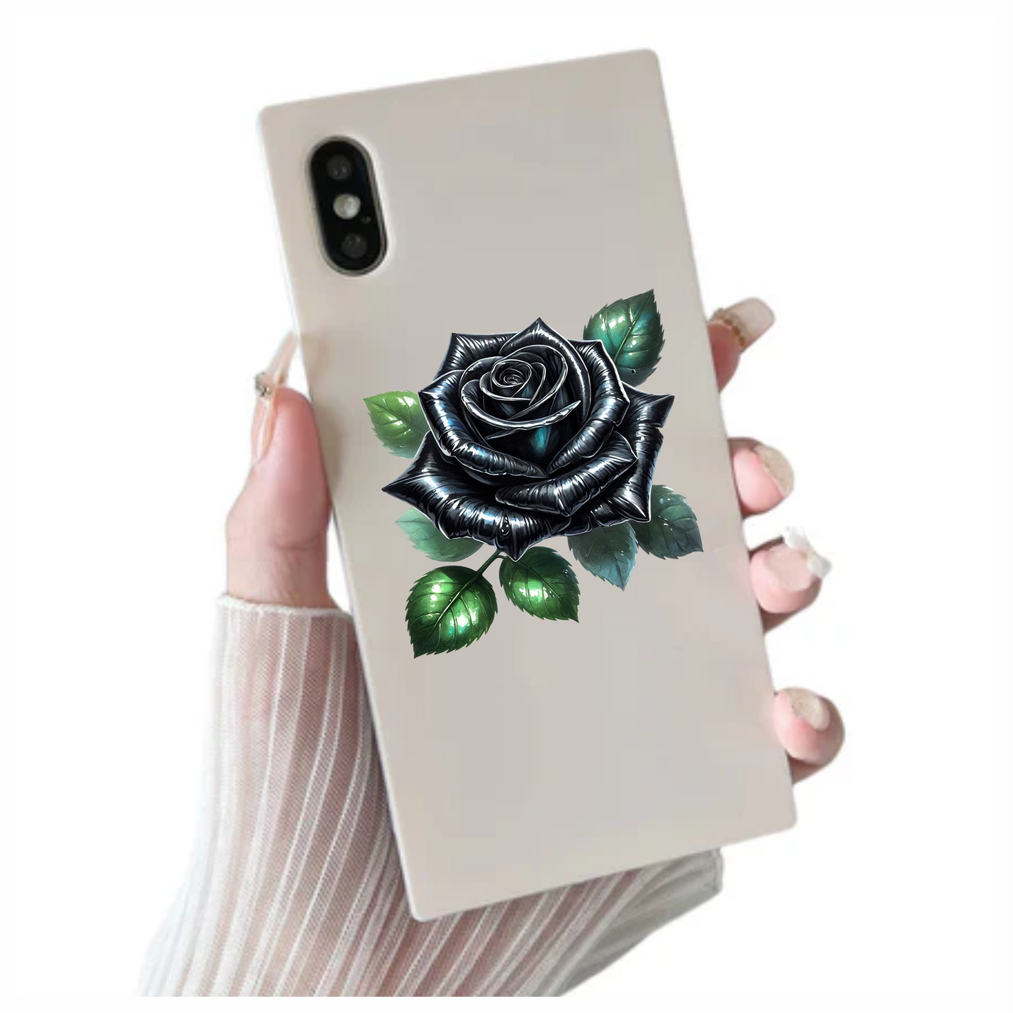 Black Rose Green Leaves Simple Vinyl Sticker Decal