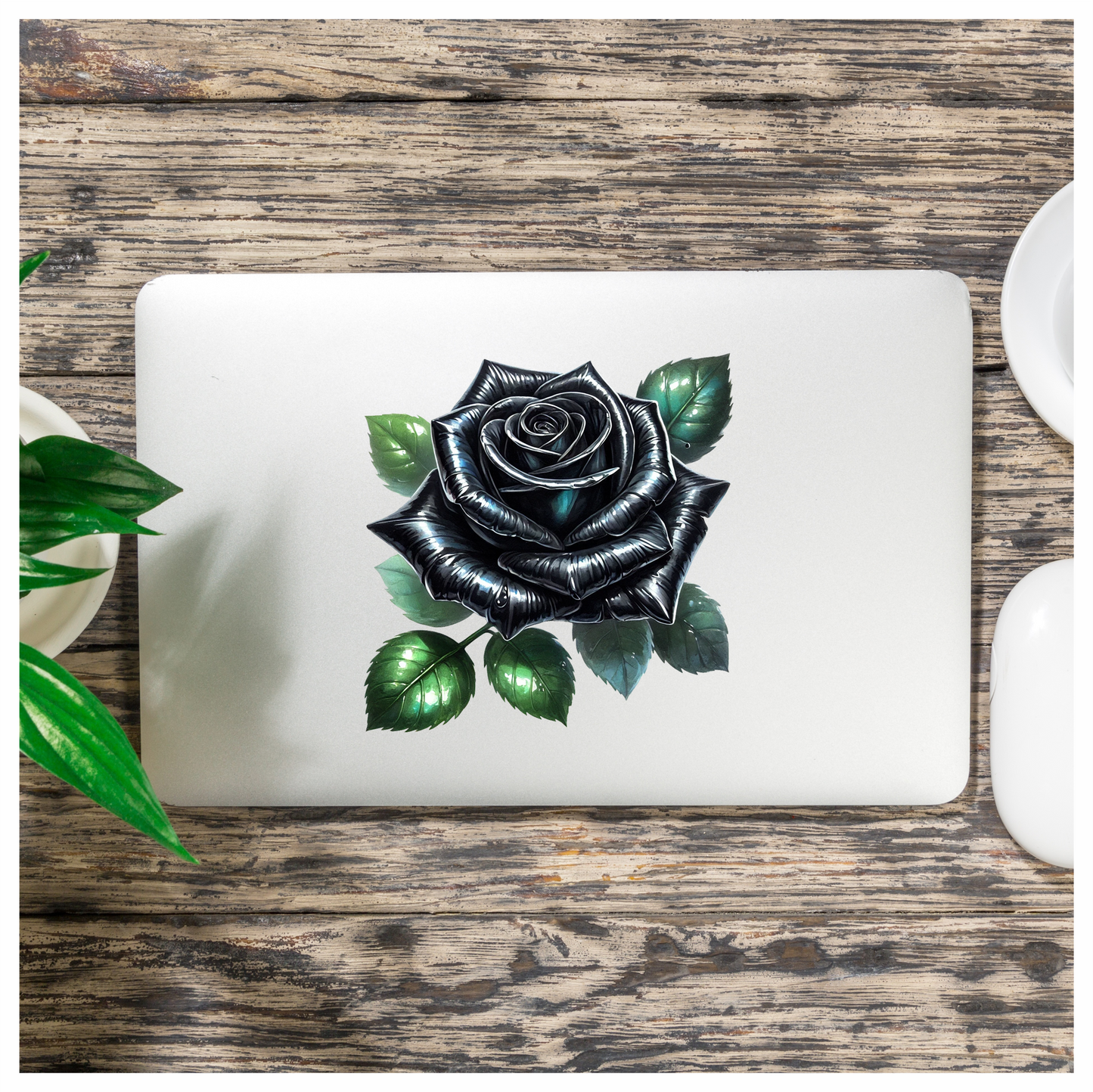 Black Rose Green Leaves Simple Vinyl Sticker Decal