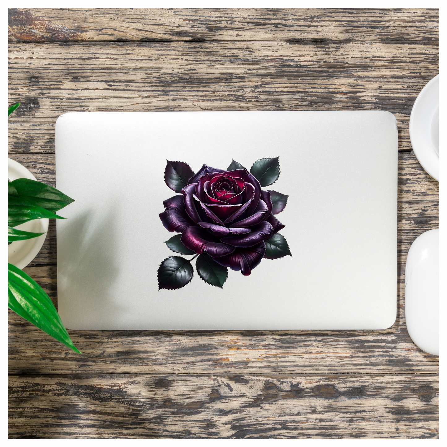Purple Rose Green Leaves Flower Vinyl Sticker Decal
