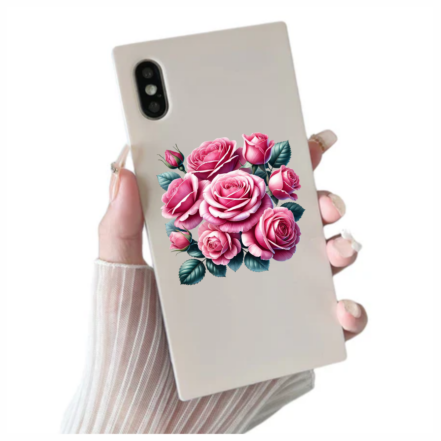 Pink Roses Blooming Green Leaves Vinyl Sticker Decal