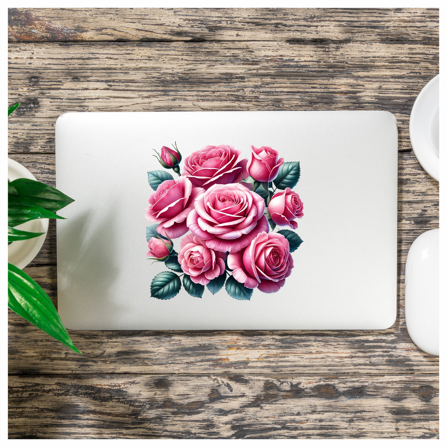 Pink Roses Blooming Green Leaves Vinyl Sticker Decal