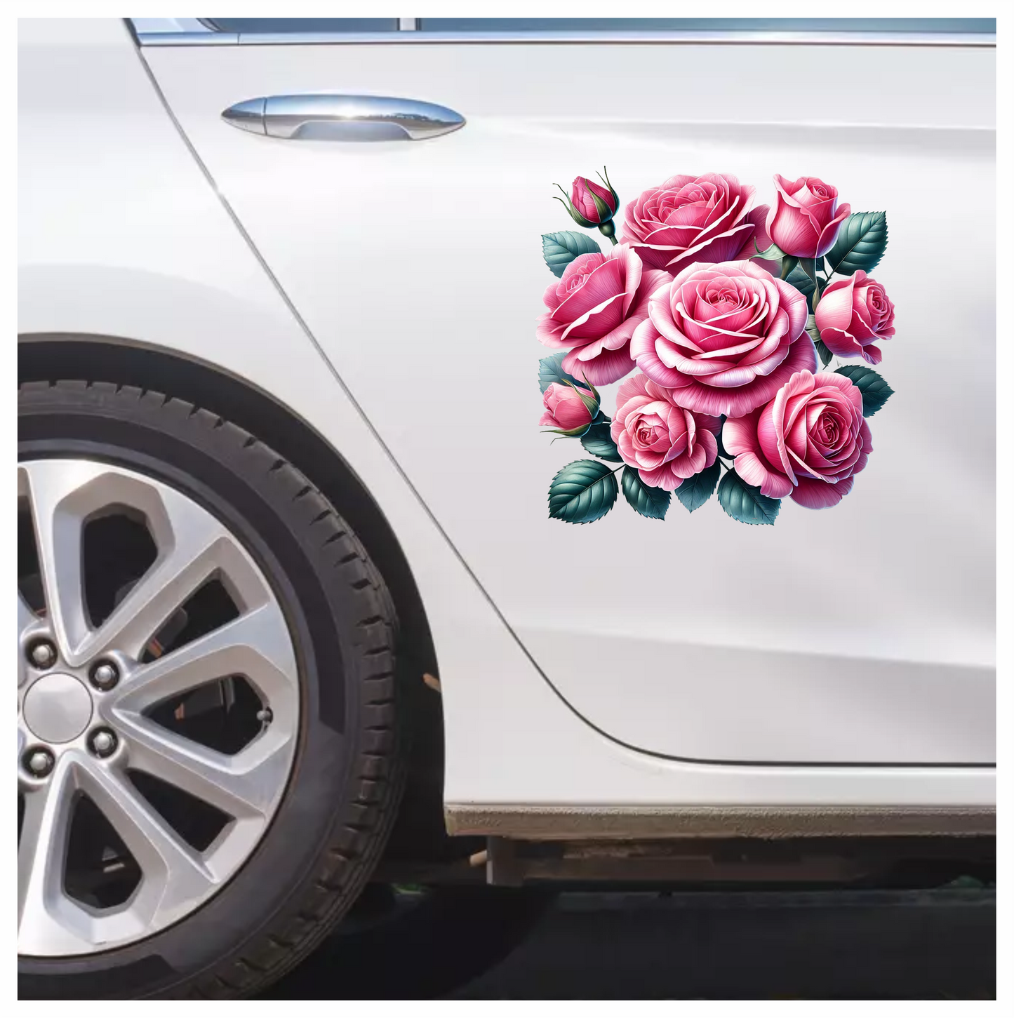 Pink Roses Blooming Green Leaves Vinyl Sticker Decal