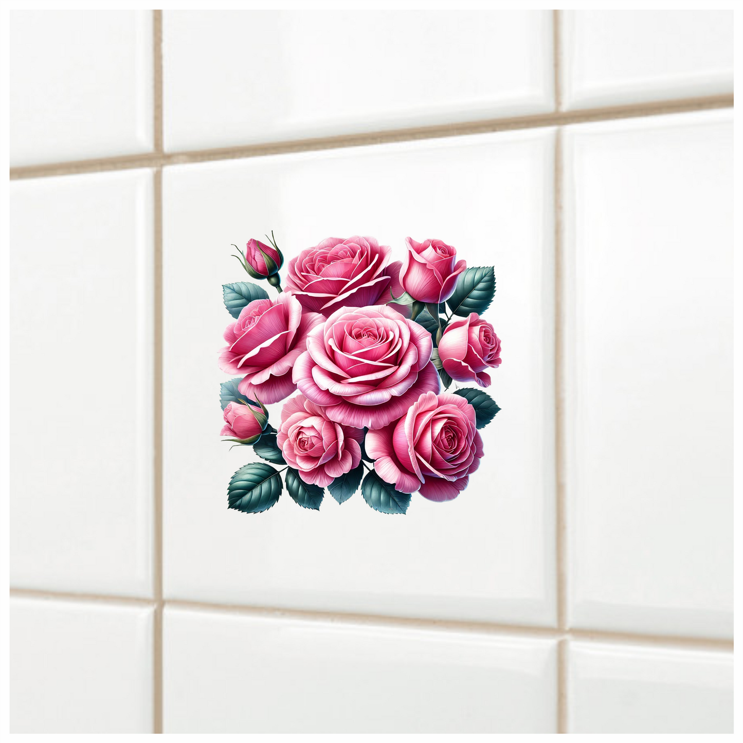 Pink Roses Blooming Green Leaves Vinyl Sticker Decal