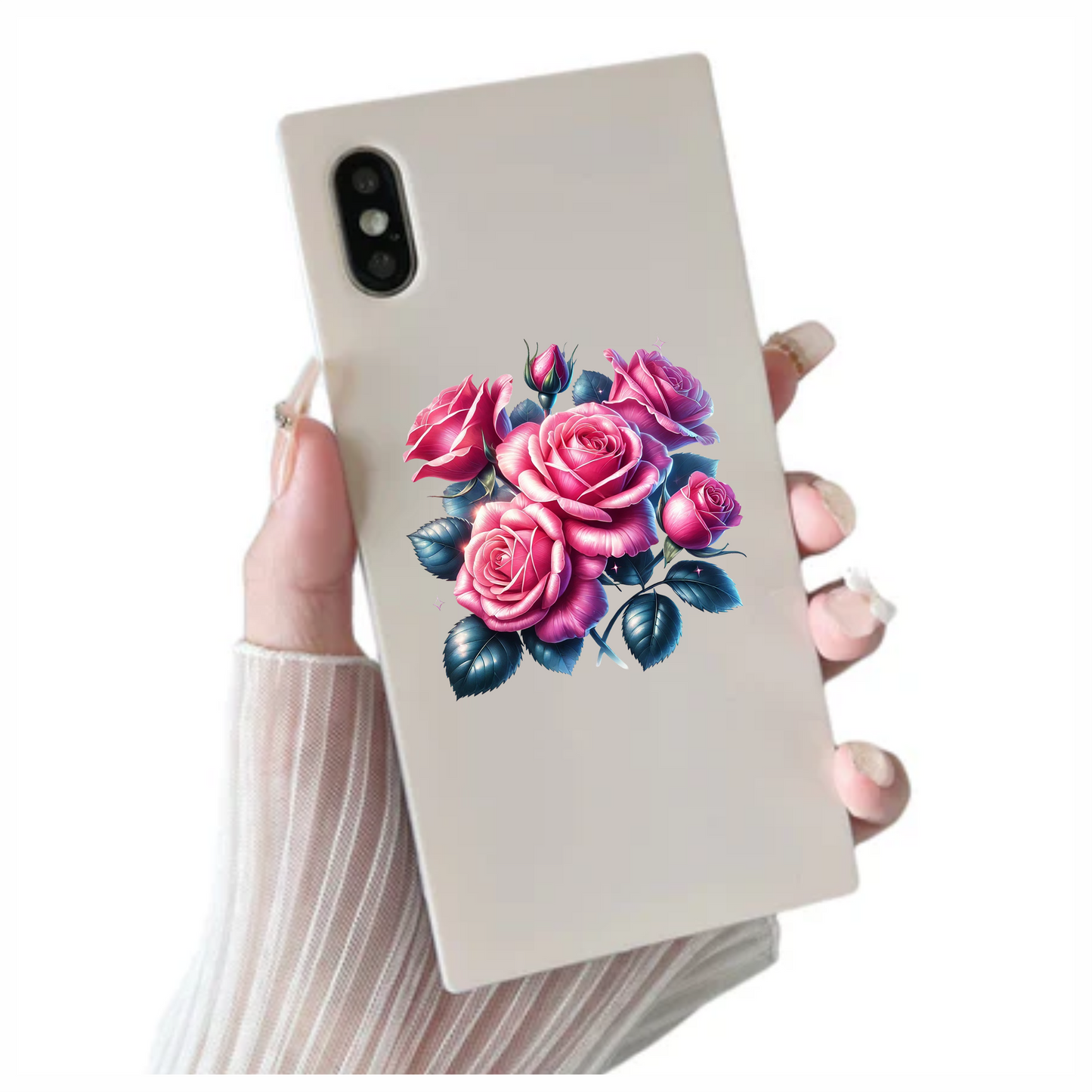 Pink Roses Green Leaves Floral Arrangement Vinyl Sticker Decal