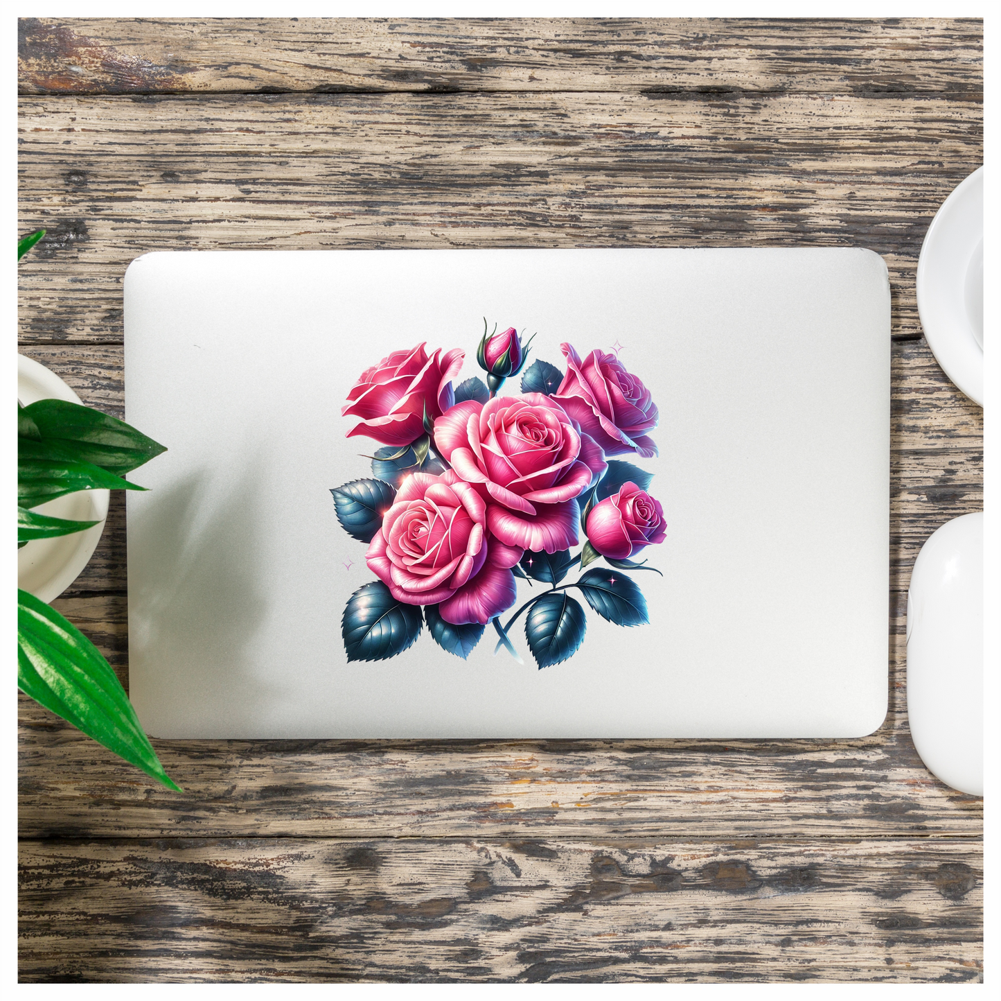 Pink Roses Green Leaves Floral Arrangement Vinyl Sticker Decal