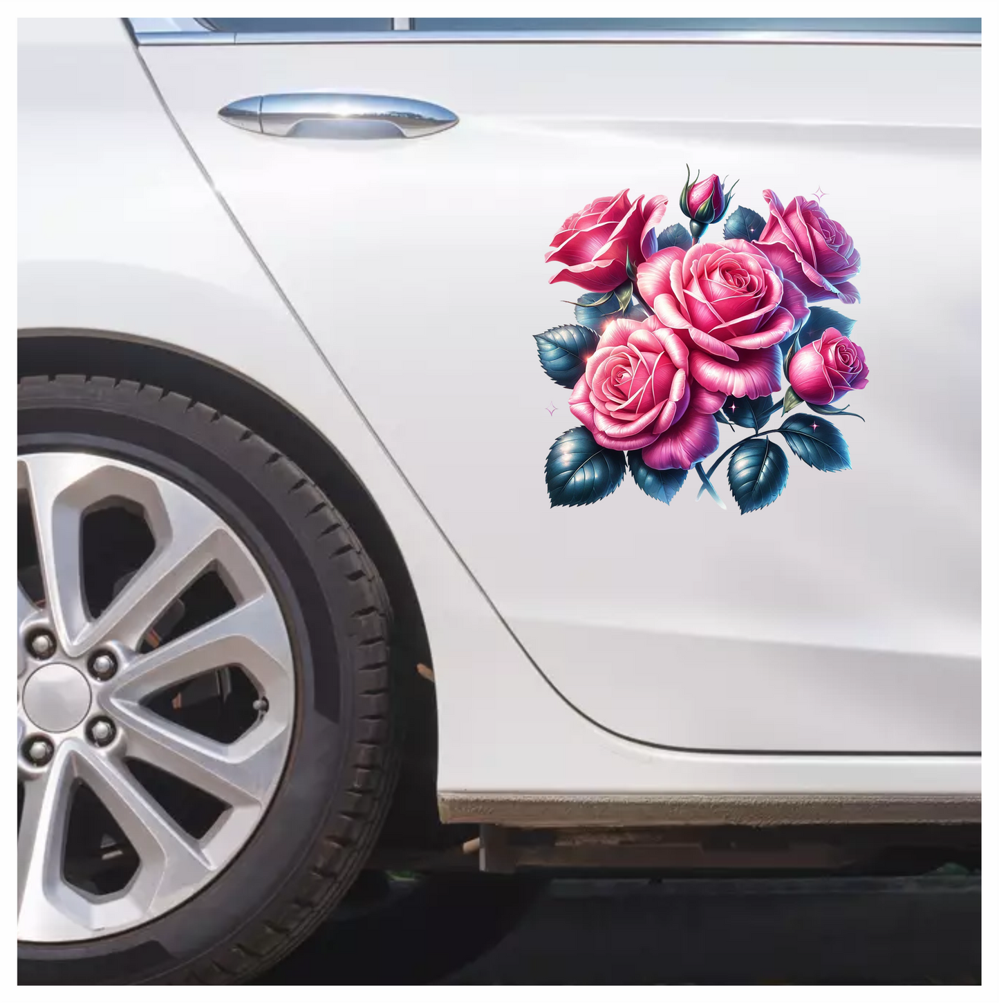 Pink Roses Green Leaves Floral Arrangement Vinyl Sticker Decal