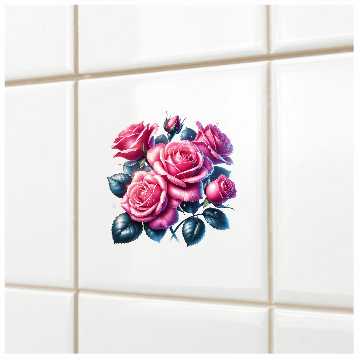 Pink Roses Green Leaves Floral Arrangement Vinyl Sticker Decal