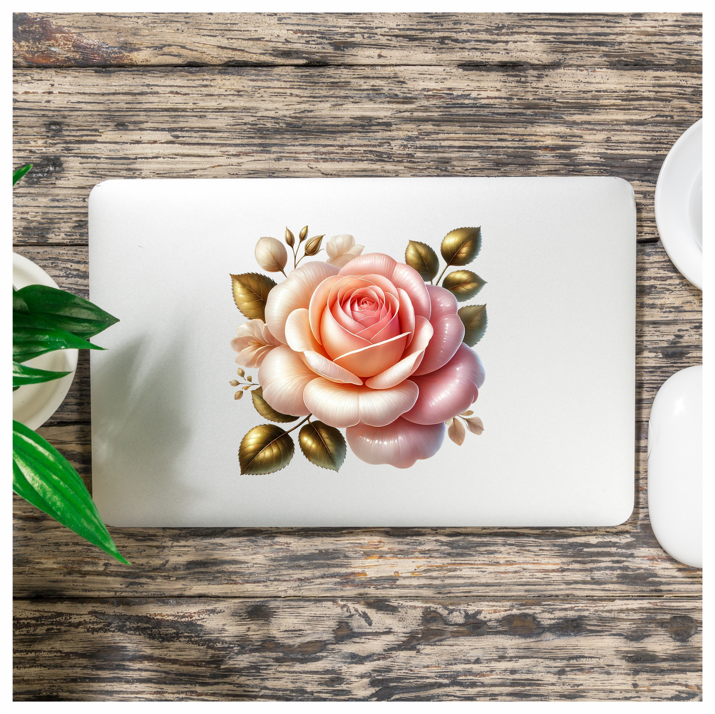 Pink White Rose Gold Leaves Vinyl Sticker Decal