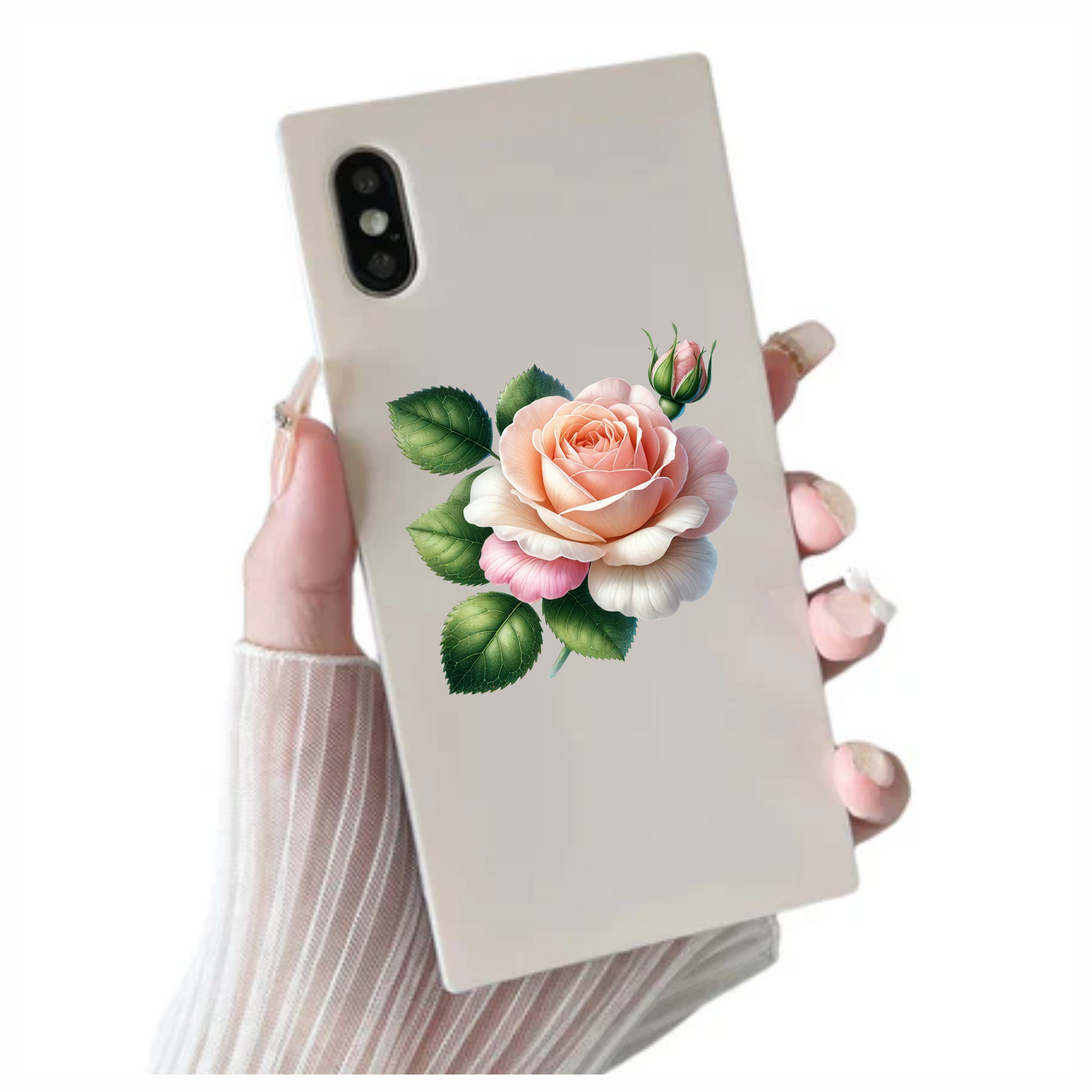 Peach Rose Green Leaves Floral Vinyl Sticker Decal