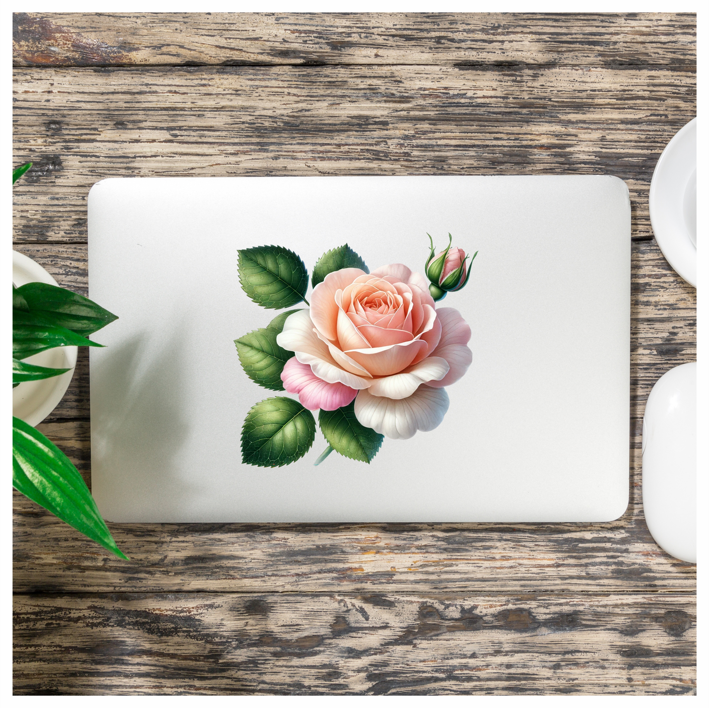 Peach Rose Green Leaves Floral Vinyl Sticker Decal