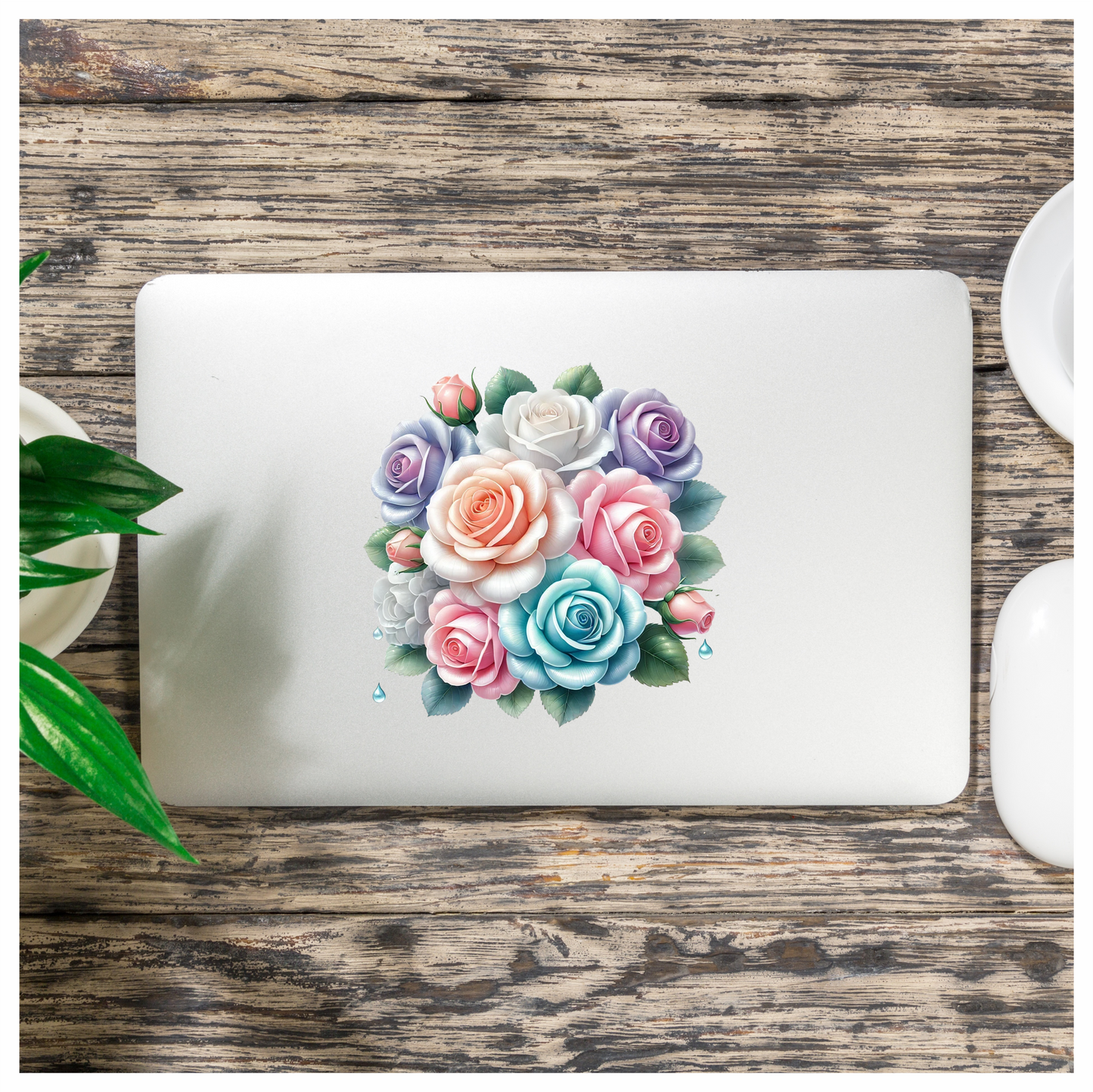 Pink Roses Green Leaves Floral Design Vinyl Sticker Decal