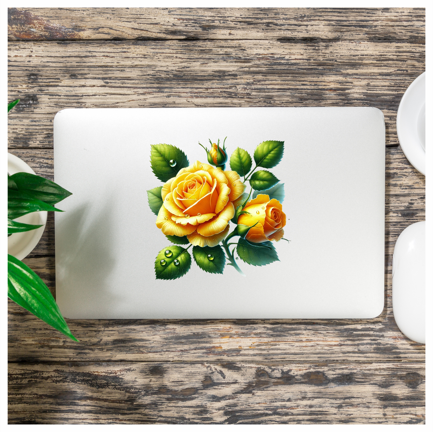 Yellow Rose Buds Green Leaves Vinyl Sticker Decal
