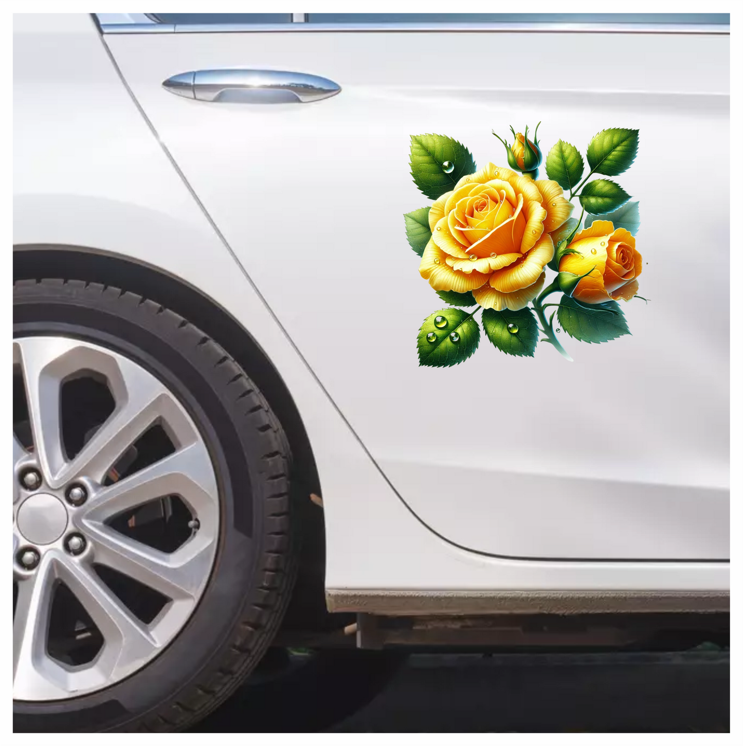 Yellow Rose Buds Green Leaves Vinyl Sticker Decal