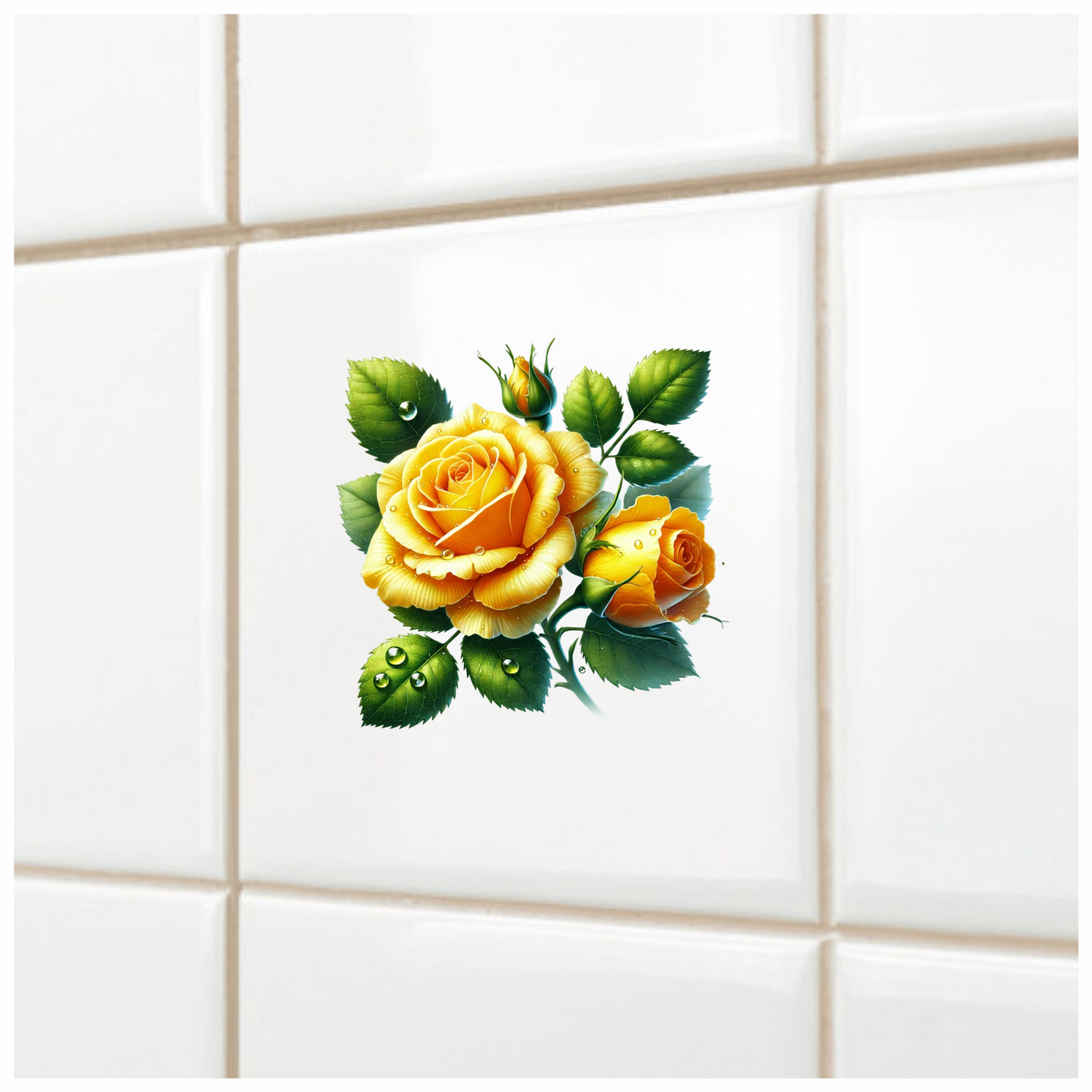 Yellow Rose Buds Green Leaves Vinyl Sticker Decal