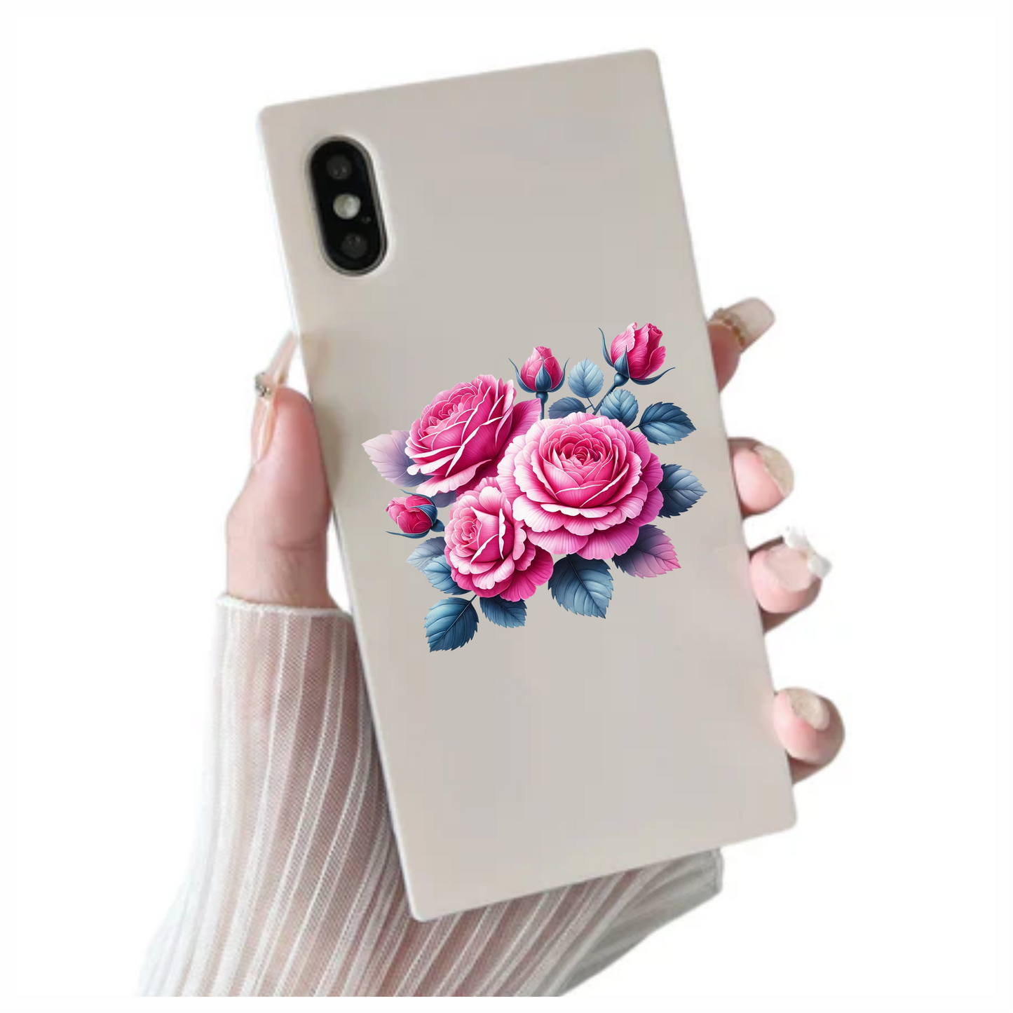 Pink Roses Blue Leaves Floral Vinyl Sticker Decal