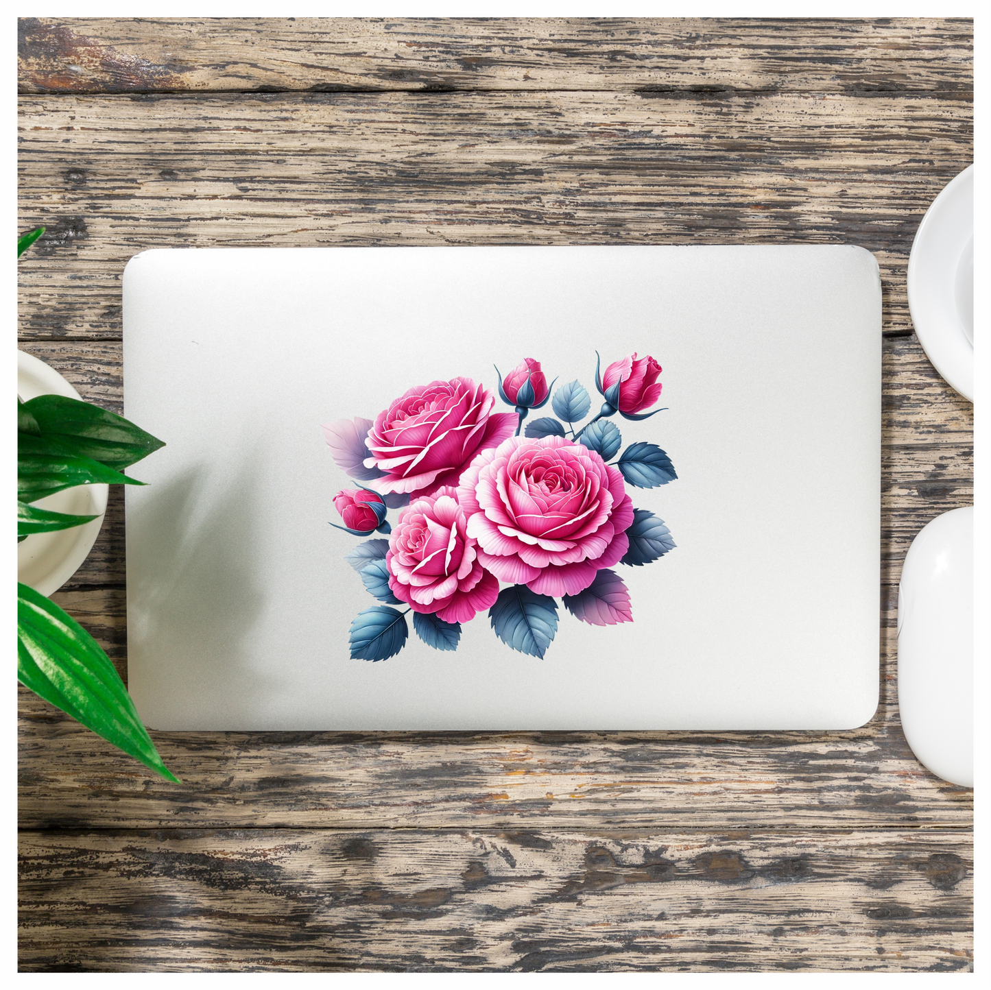 Pink Roses Blue Leaves Floral Vinyl Sticker Decal