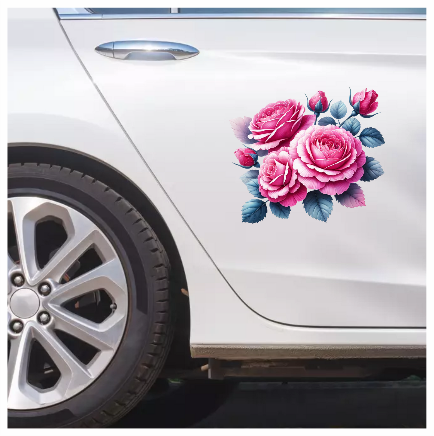 Pink Roses Blue Leaves Floral Vinyl Sticker Decal