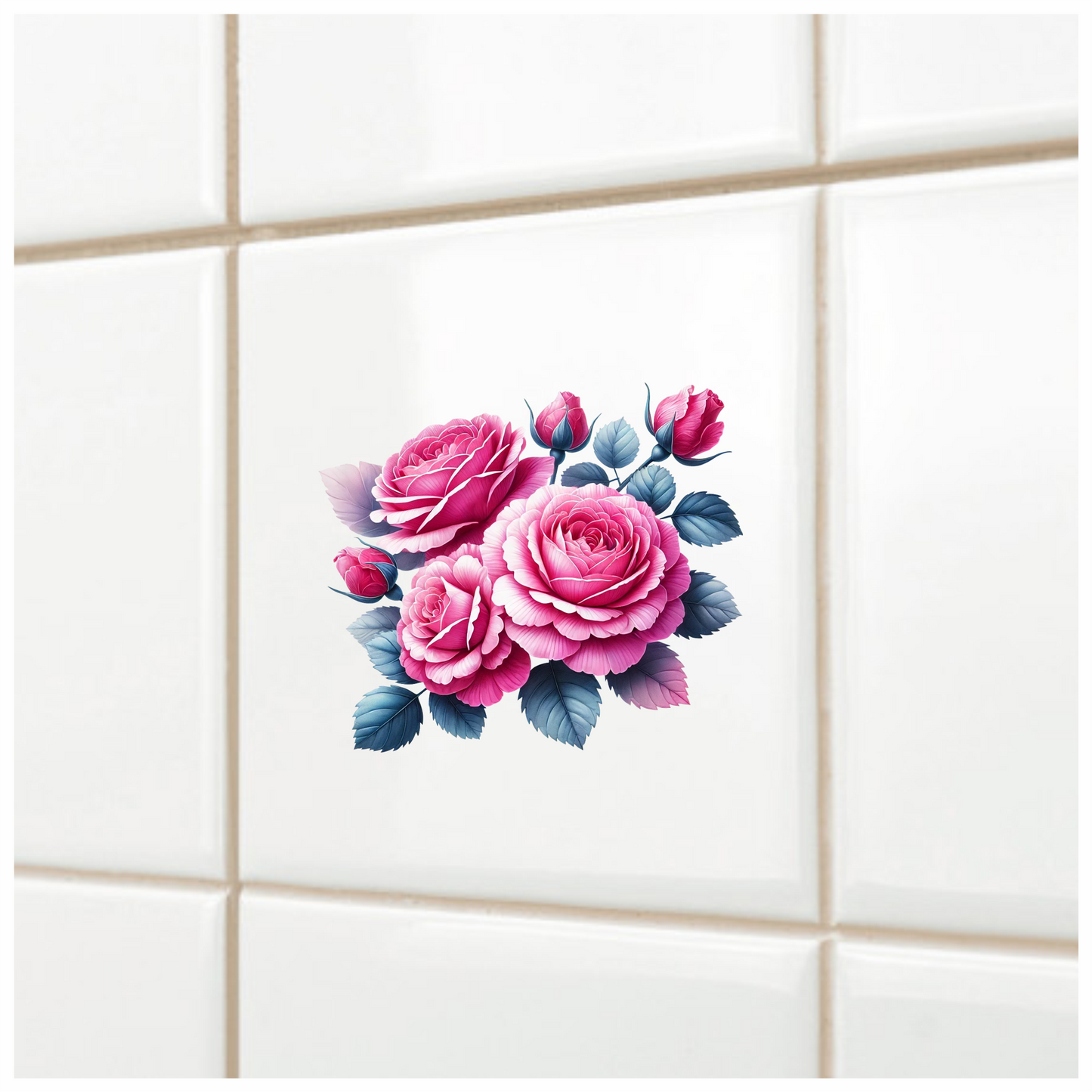 Pink Roses Blue Leaves Floral Vinyl Sticker Decal