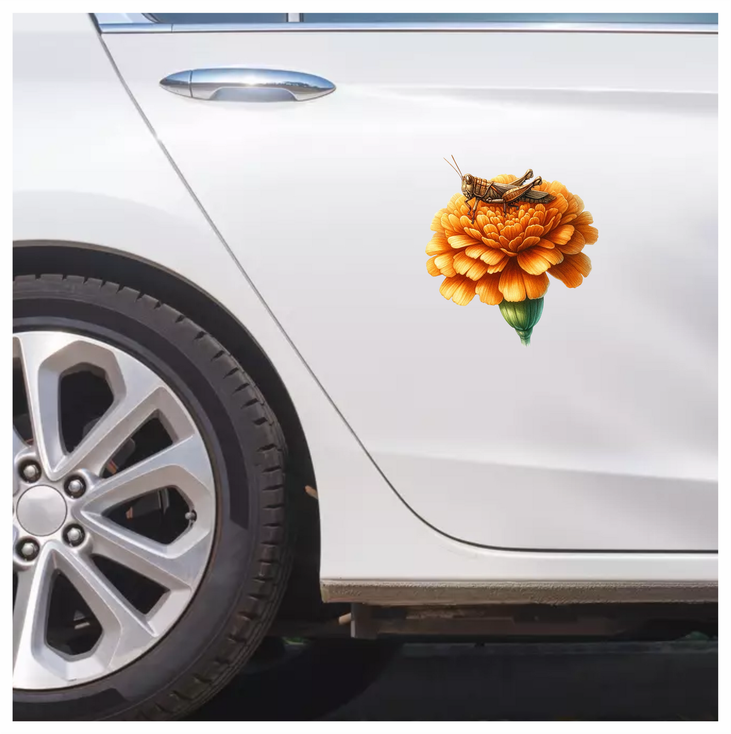 Orange Flower Grasshopper Sitting Top Vinyl Sticker Decal