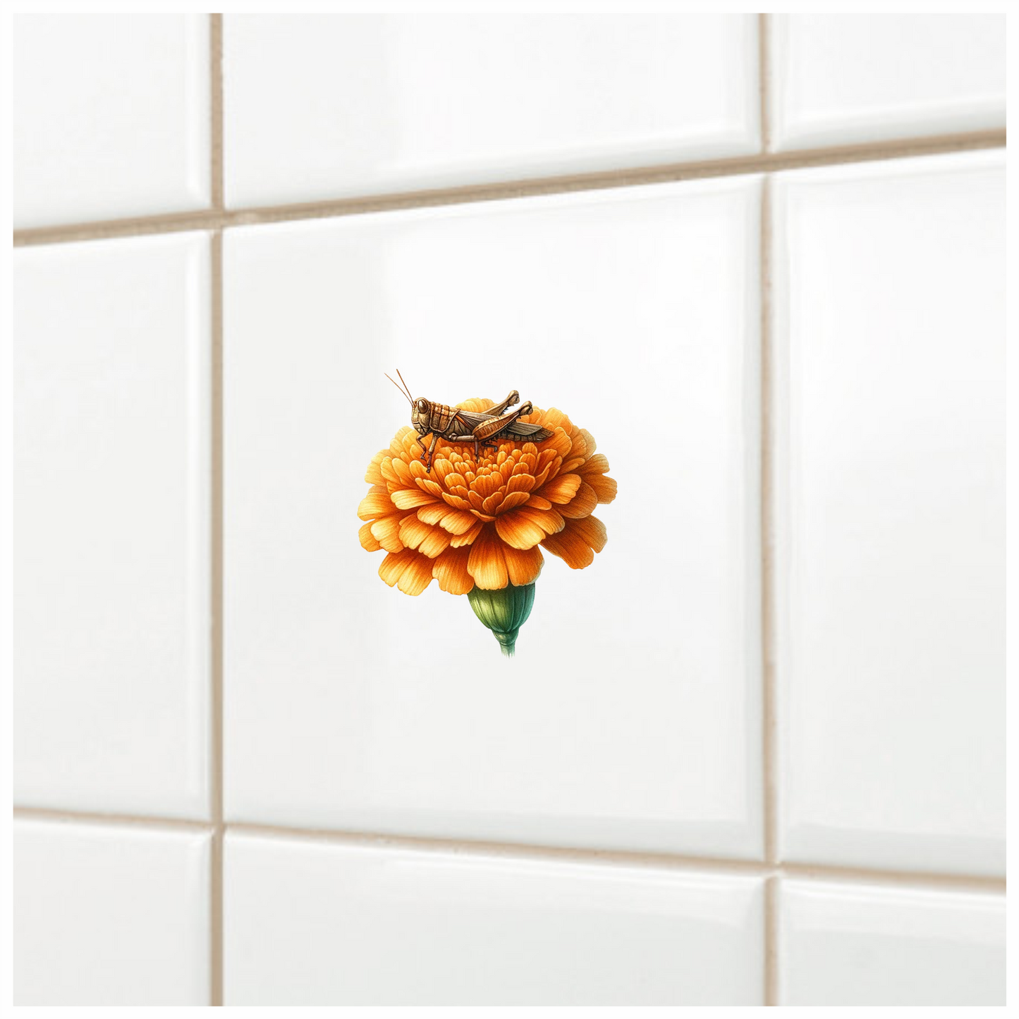 Orange Flower Grasshopper Sitting Top Vinyl Sticker Decal