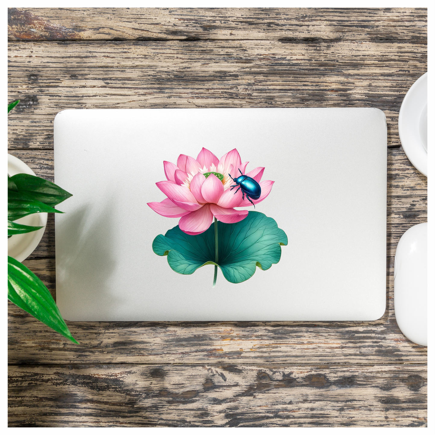 Pink Lotus Leaf Blue Beetle Vinyl Sticker Decal