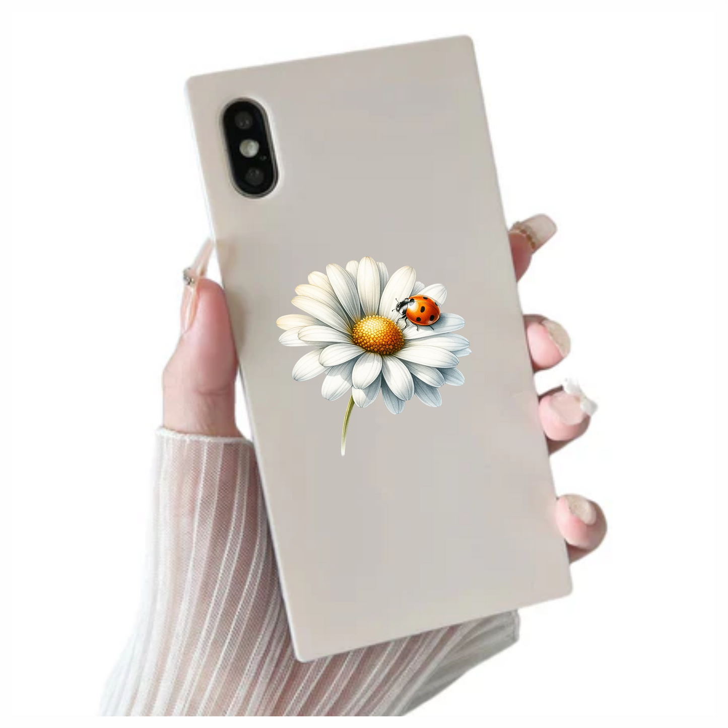 White Daisy Yellow Center Red Ladybug Vinyl Sticker Decal