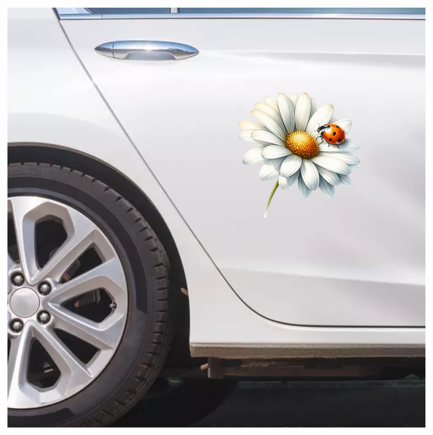 White Daisy Yellow Center Red Ladybug Vinyl Sticker Decal