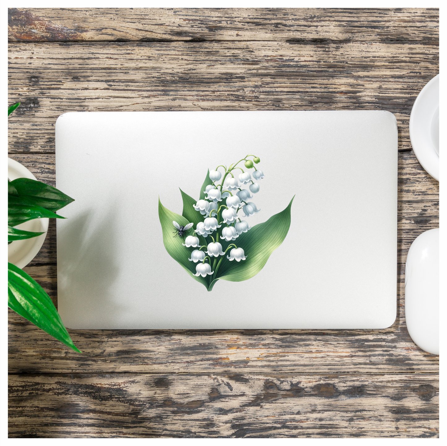 White Flowers Green Leaves Black Fly Vinyl Sticker Decal