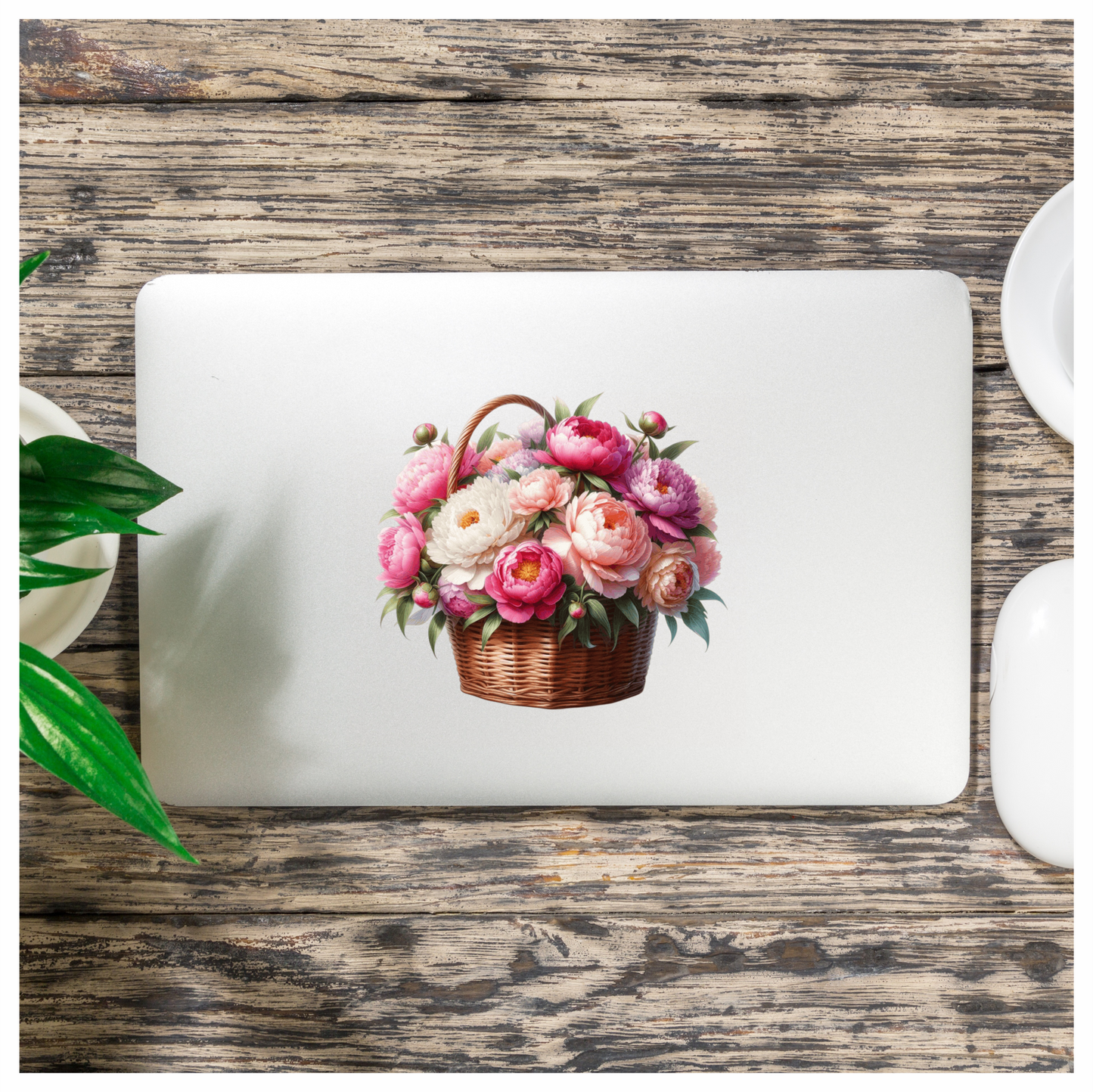Pink White Basket Flowers Arrangement Vinyl Sticker Decal