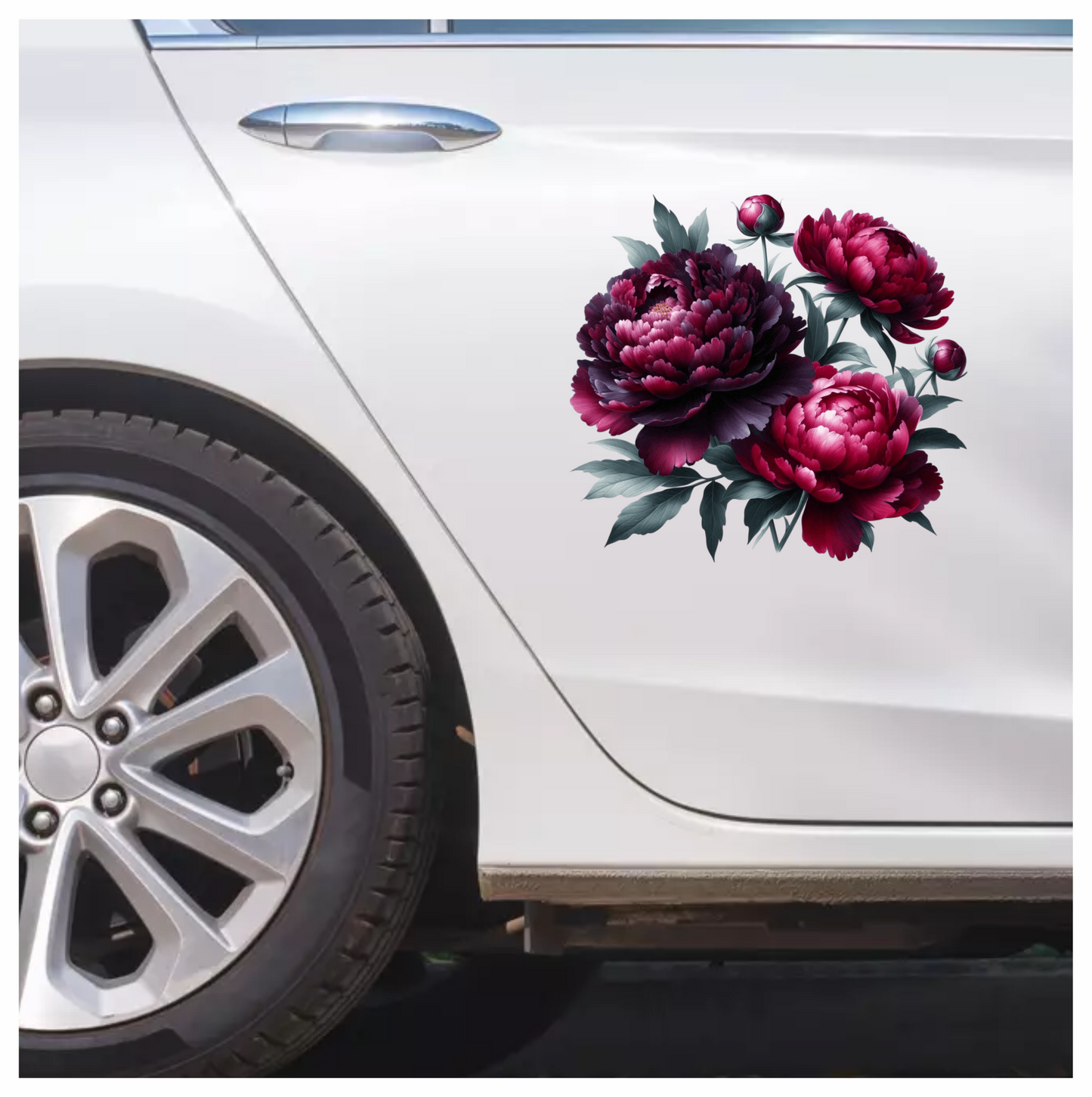Dark Red Peony Flowers Green Leaves Vinyl Sticker Decal