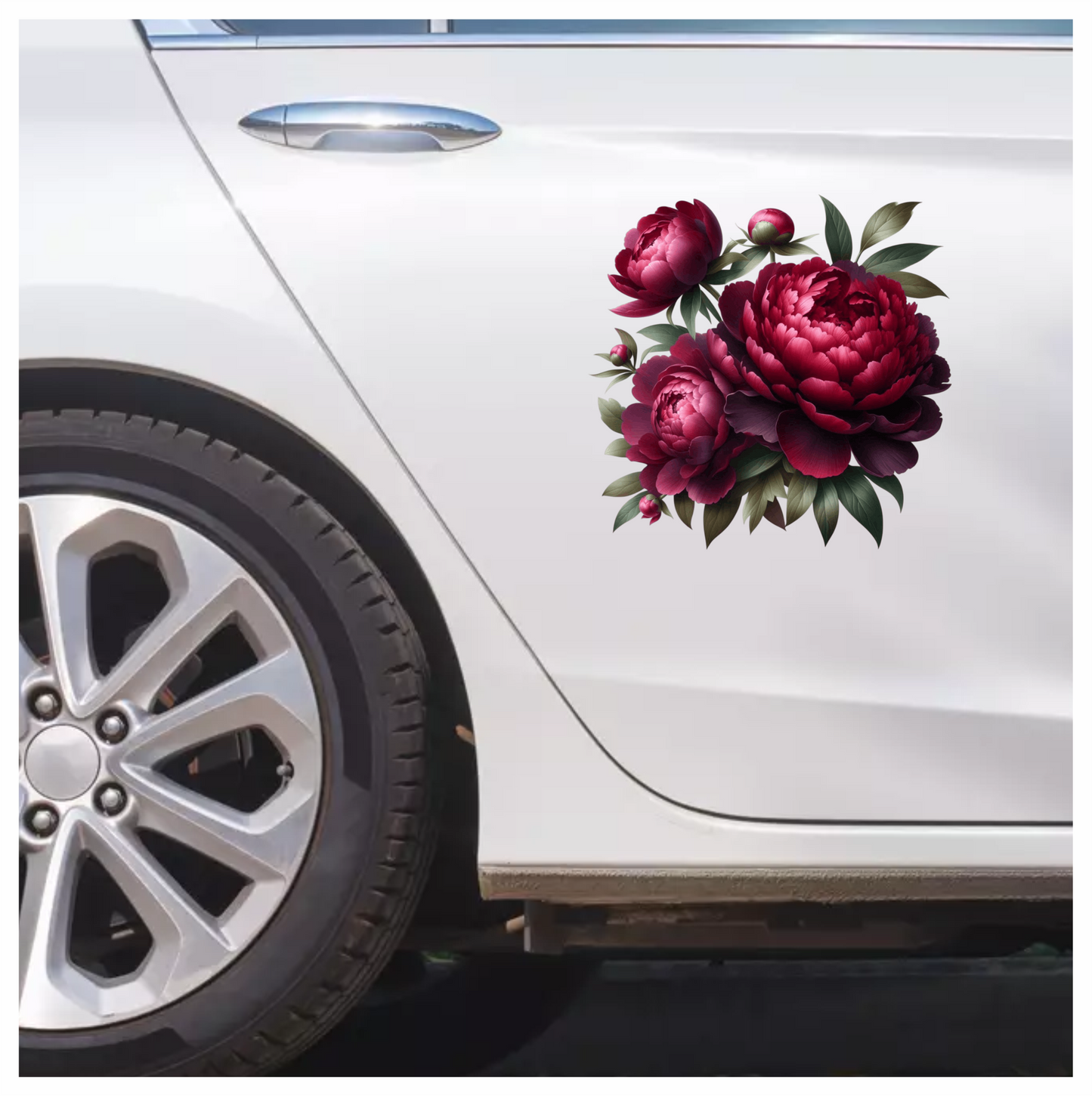 Dark Red Peony Flowers Green Leaves Vinyl Sticker Decal