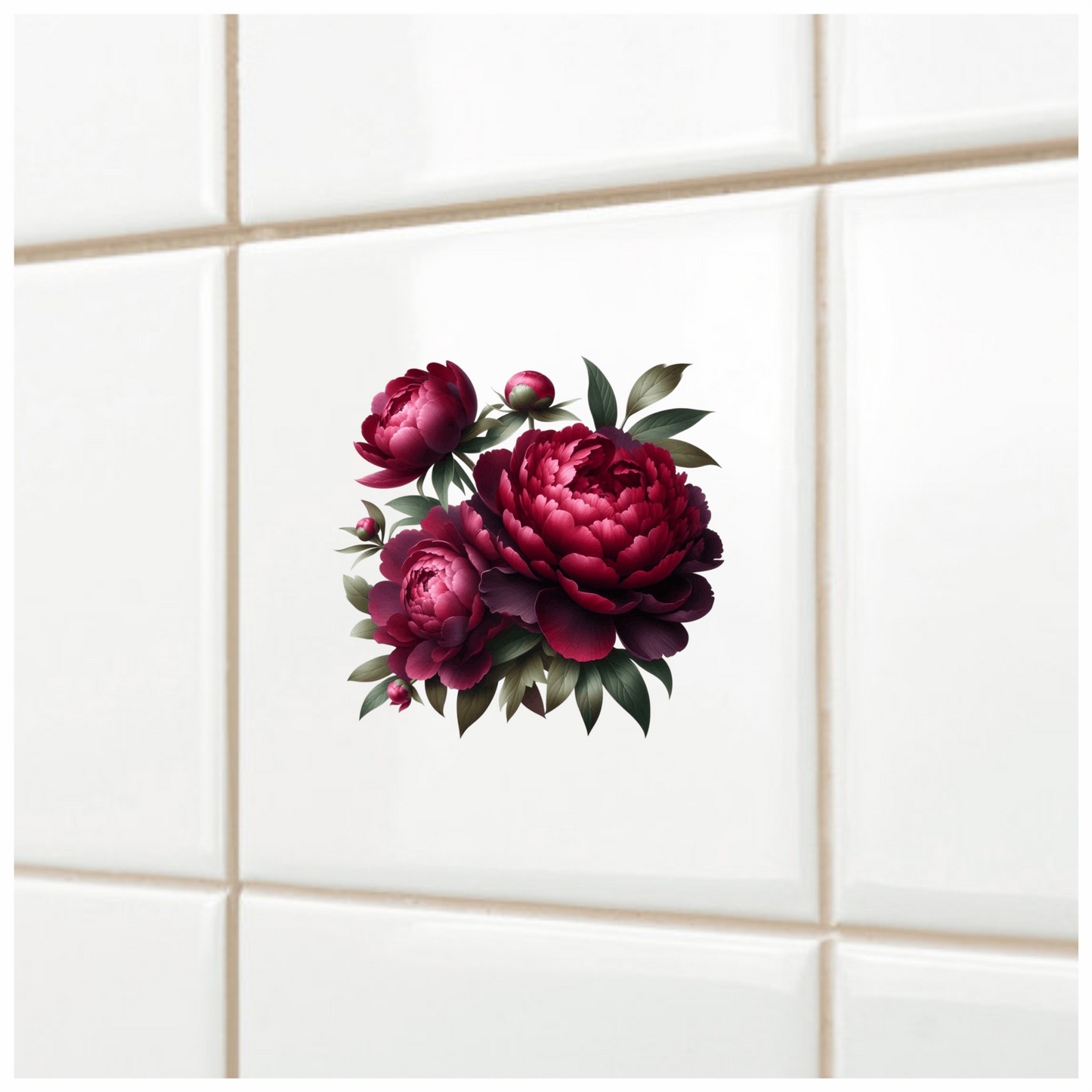Dark Red Peony Flowers Green Leaves Vinyl Sticker Decal