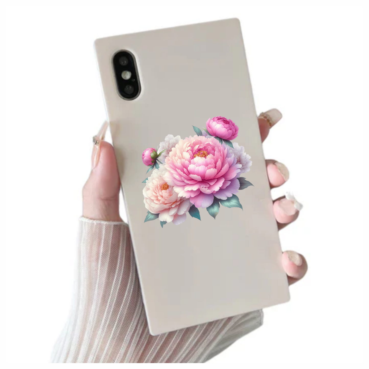 Pink Peony Flower Green Leaves Vinyl Sticker Decal