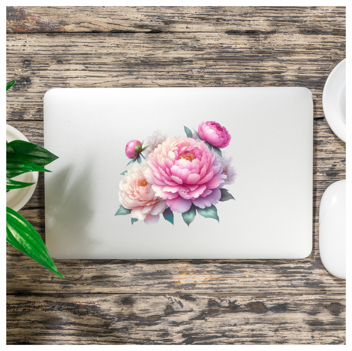 Pink Peony Flower Green Leaves Vinyl Sticker Decal