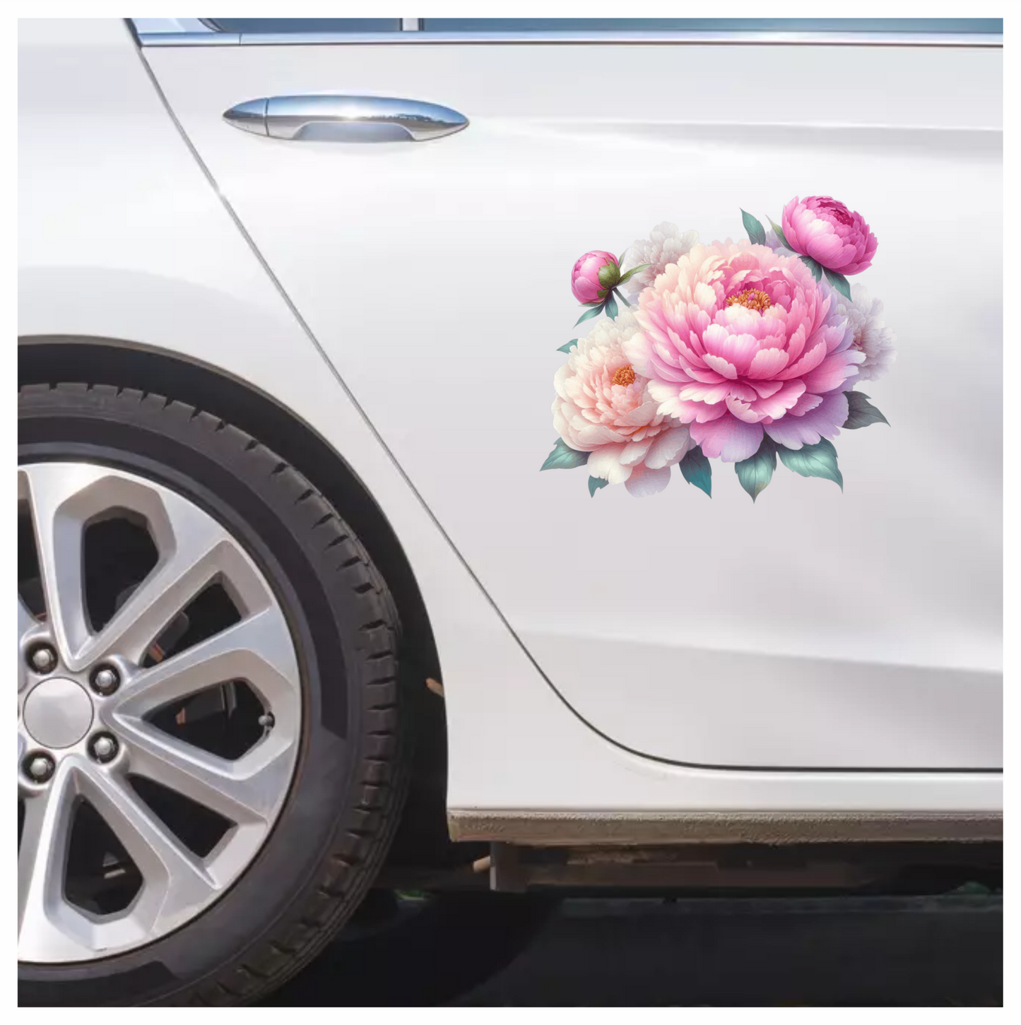 Pink Peony Flower Green Leaves Vinyl Sticker Decal