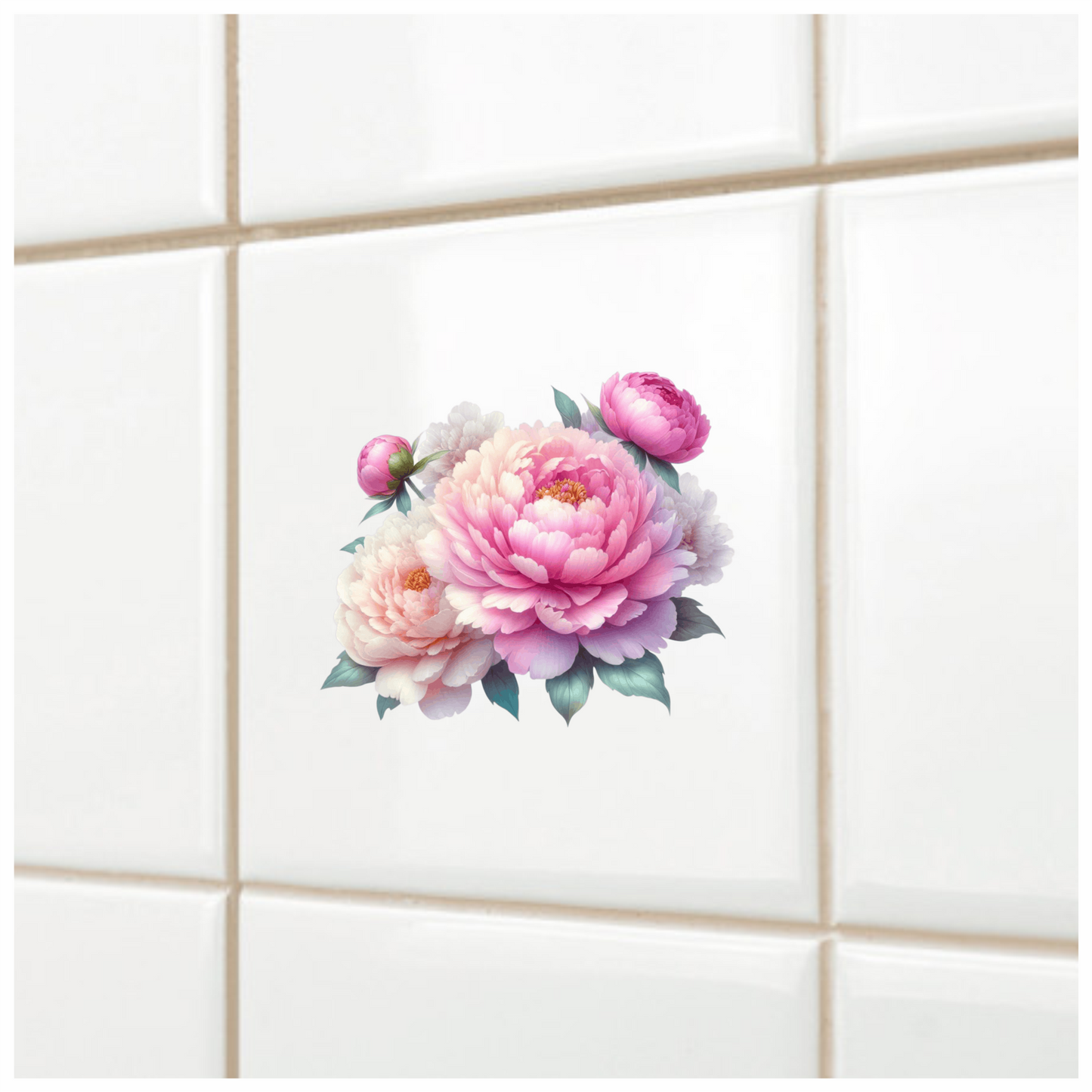 Pink Peony Flower Green Leaves Vinyl Sticker Decal