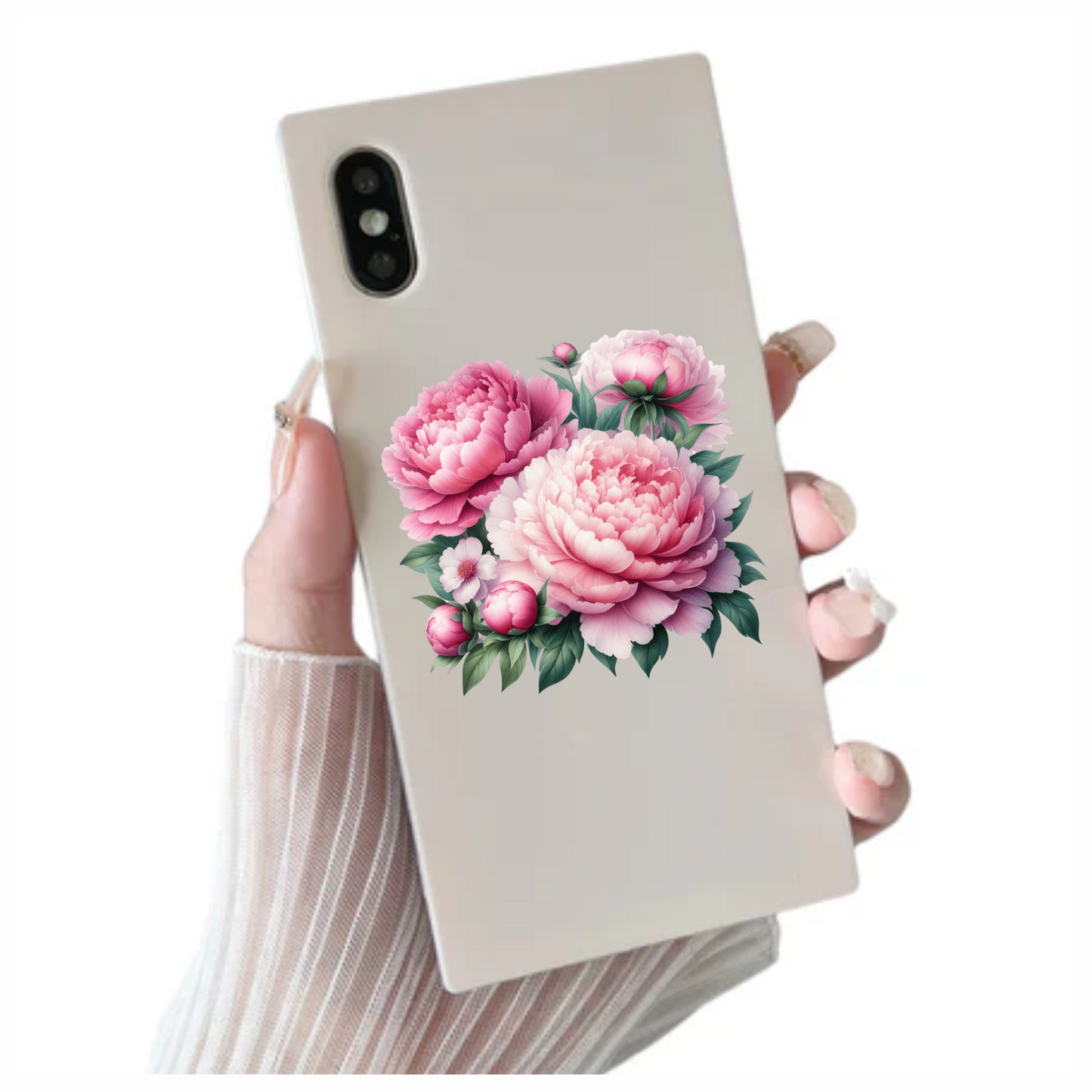 Pink Peony Flowers Green Leaves Vinyl Sticker Decal