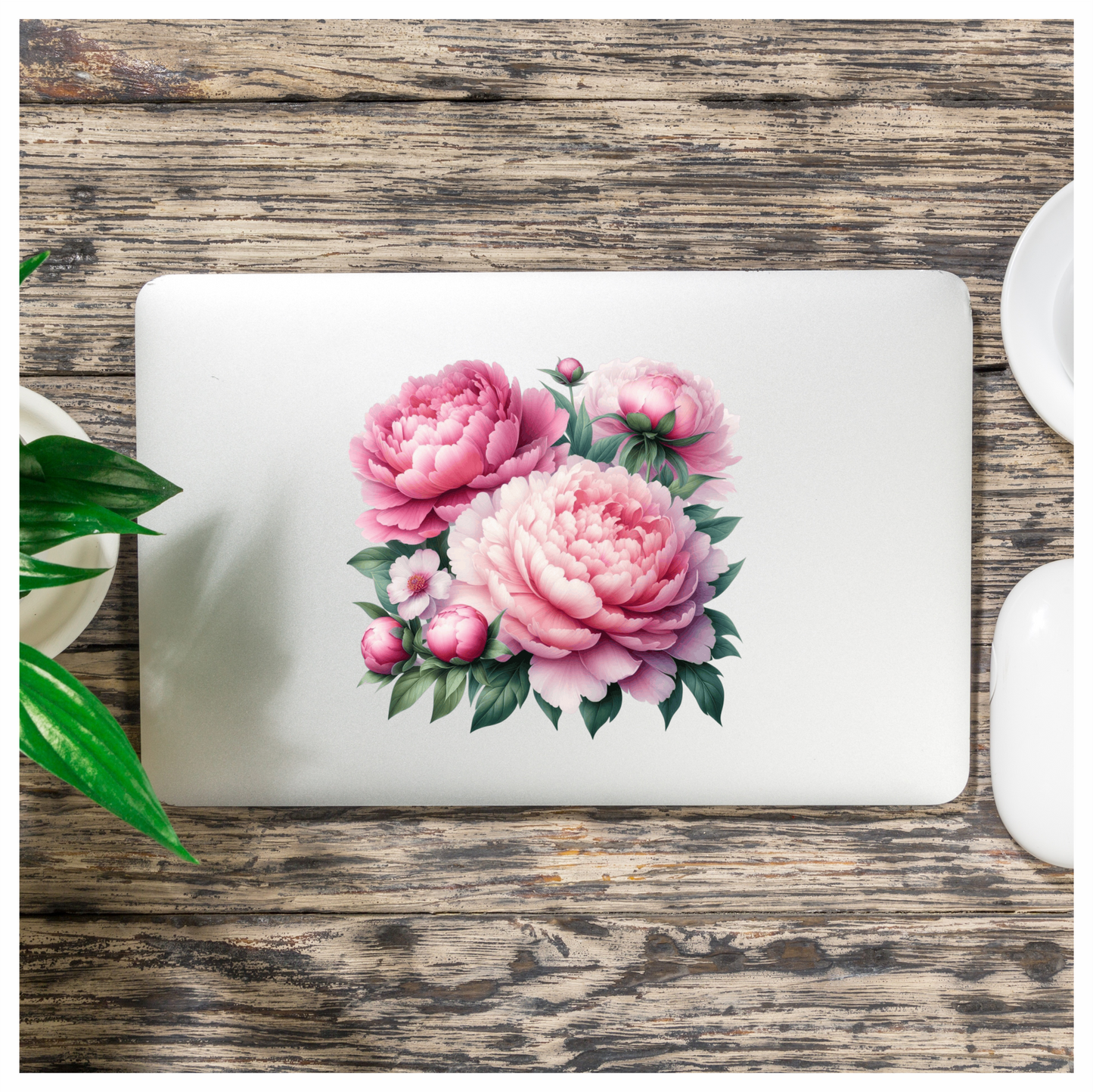 Pink Peony Flowers Green Leaves Vinyl Sticker Decal
