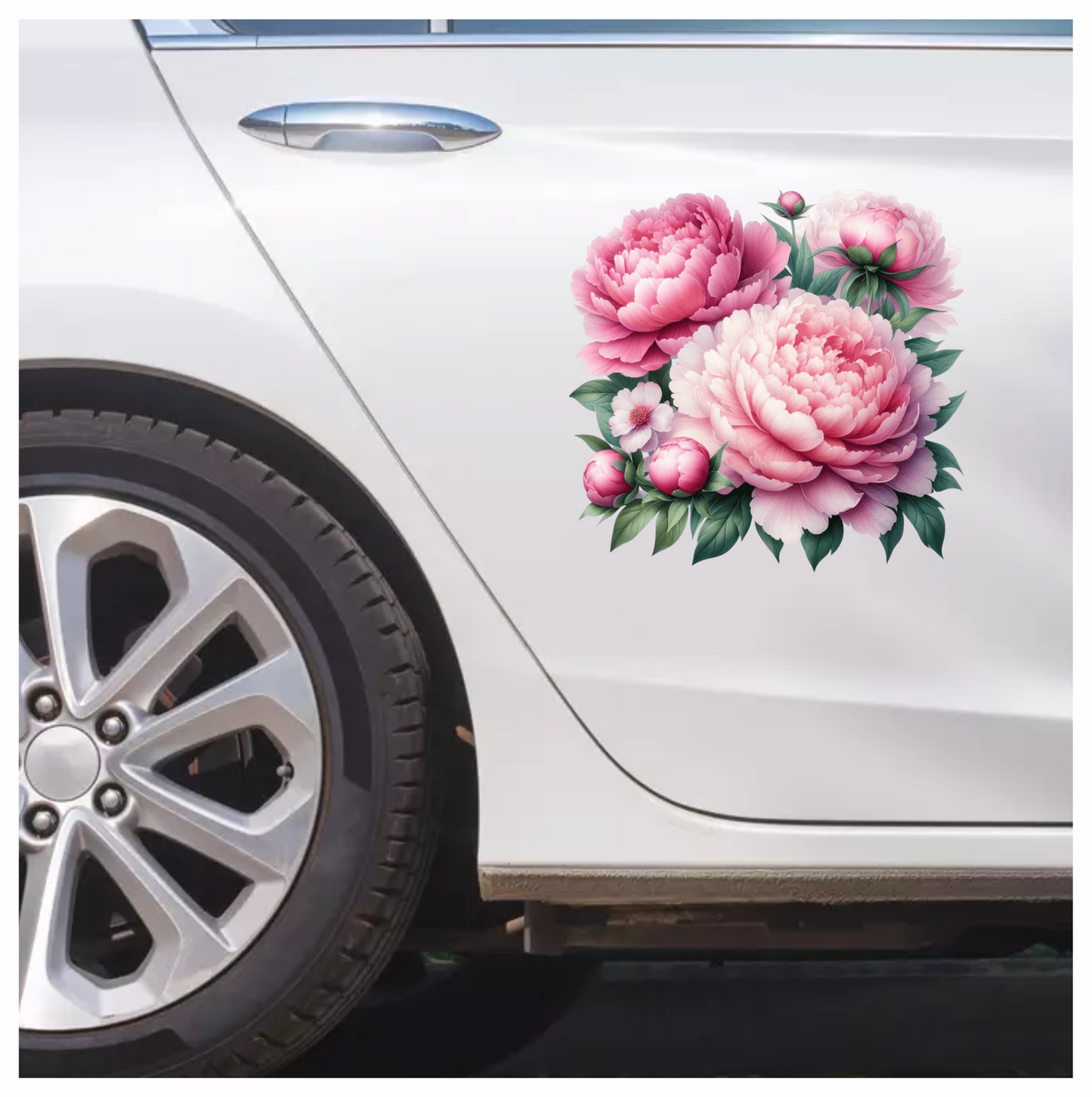 Pink Peony Flowers Green Leaves Vinyl Sticker Decal