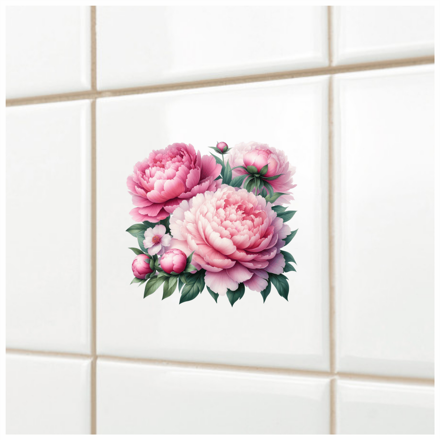 Pink Peony Flowers Green Leaves Vinyl Sticker Decal