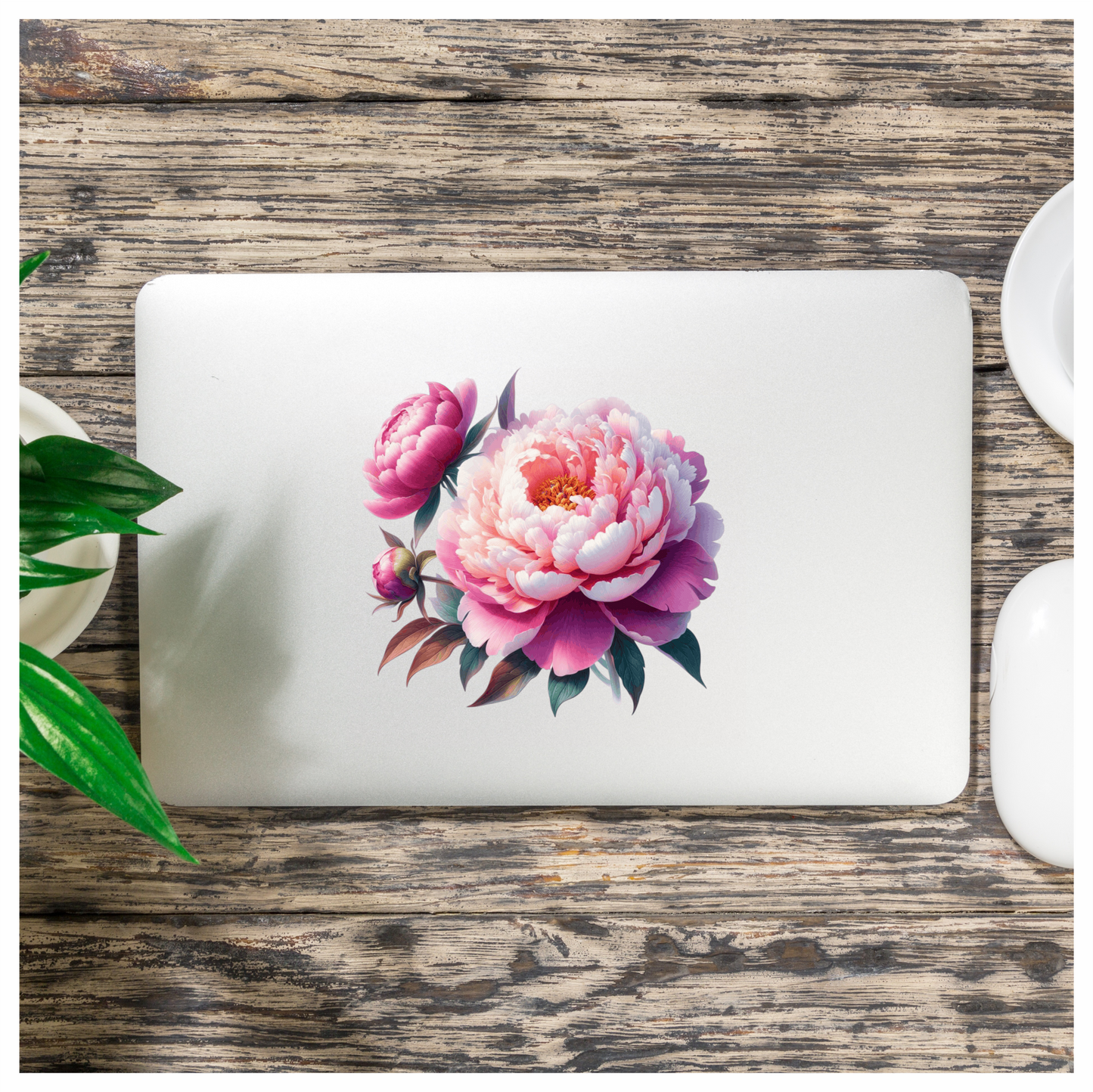 Pink Flower Bloom Green Leaves Vinyl Sticker Decal