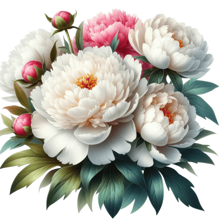 White Peony Pink Buds Green Leaves Vinyl Sticker Decal
