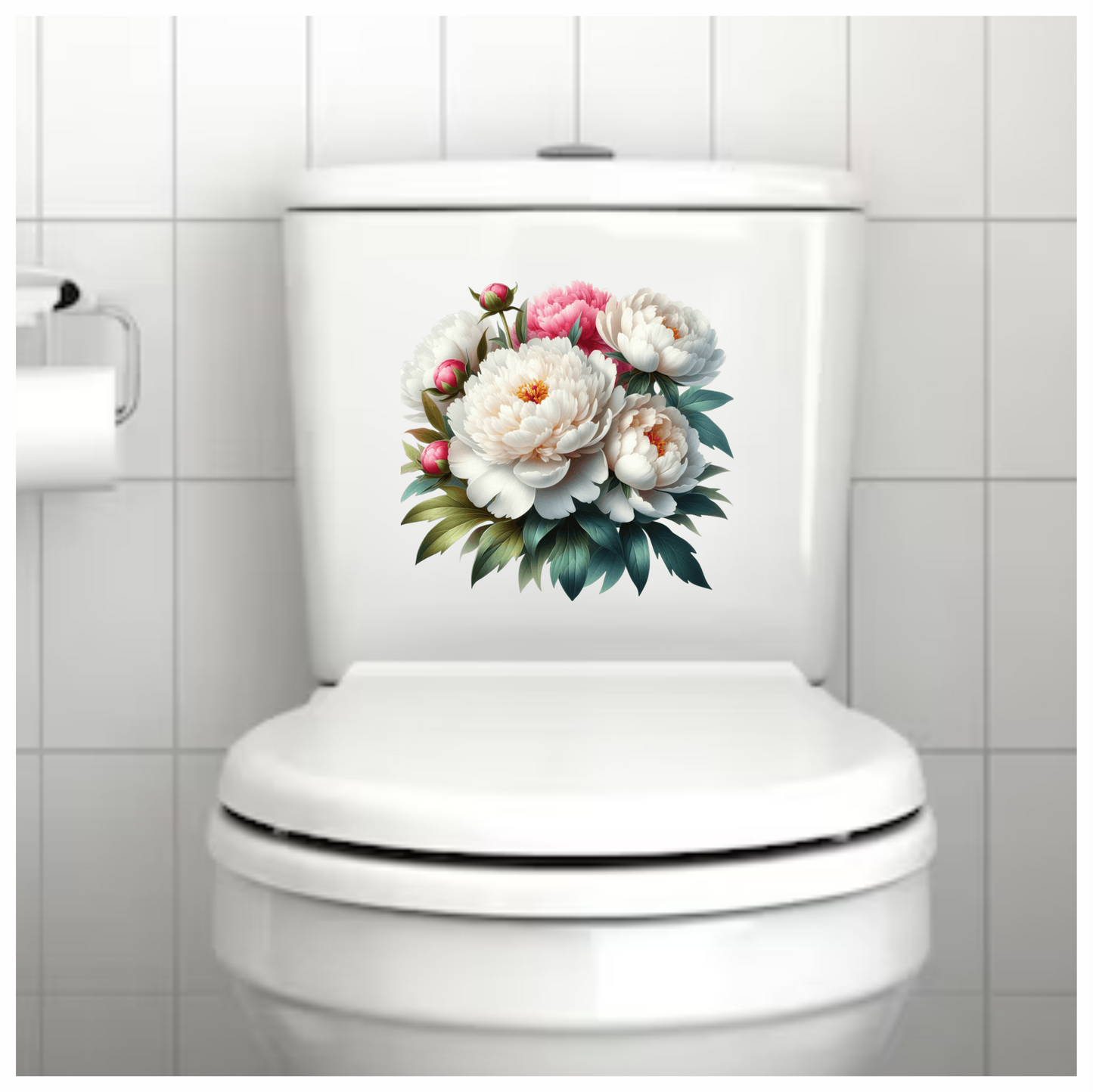 White Peony Pink Buds Green Leaves Vinyl Sticker Decal