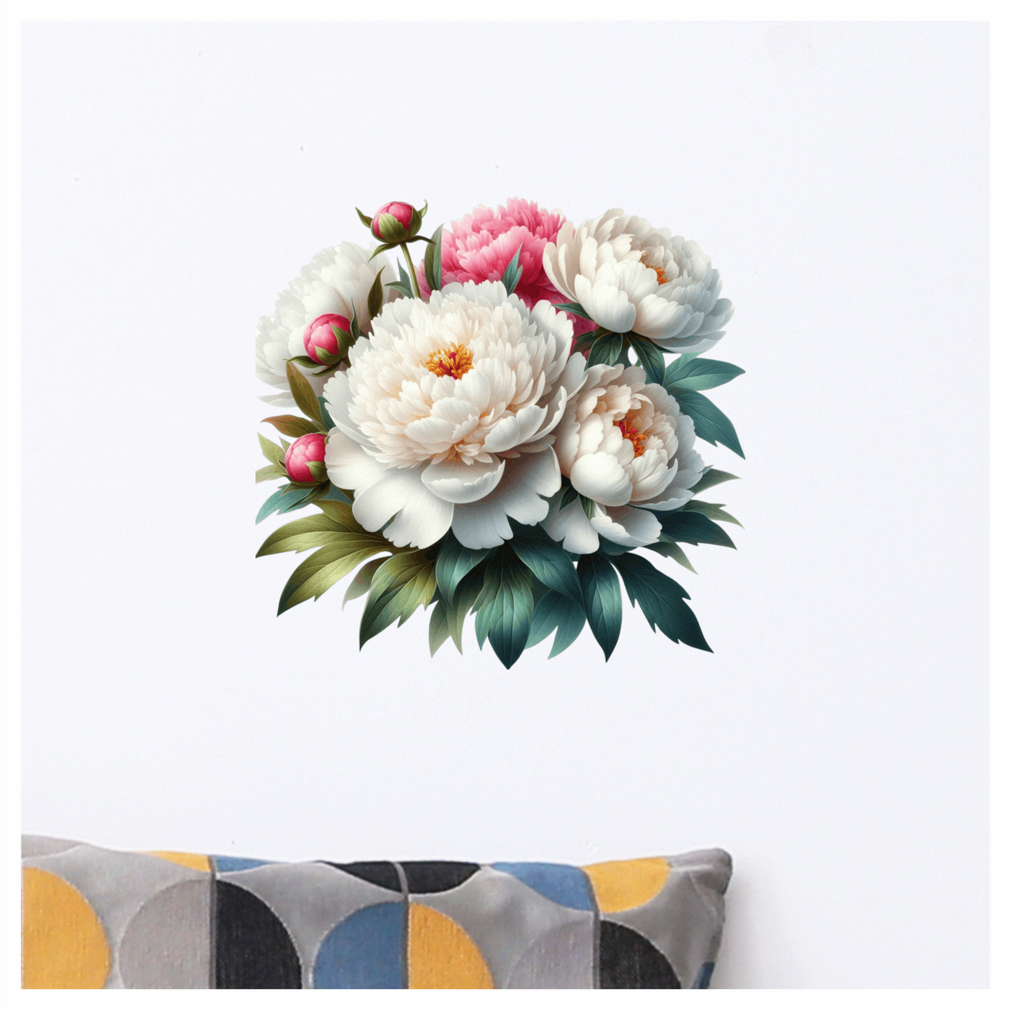 White Peony Pink Buds Green Leaves Vinyl Sticker Decal