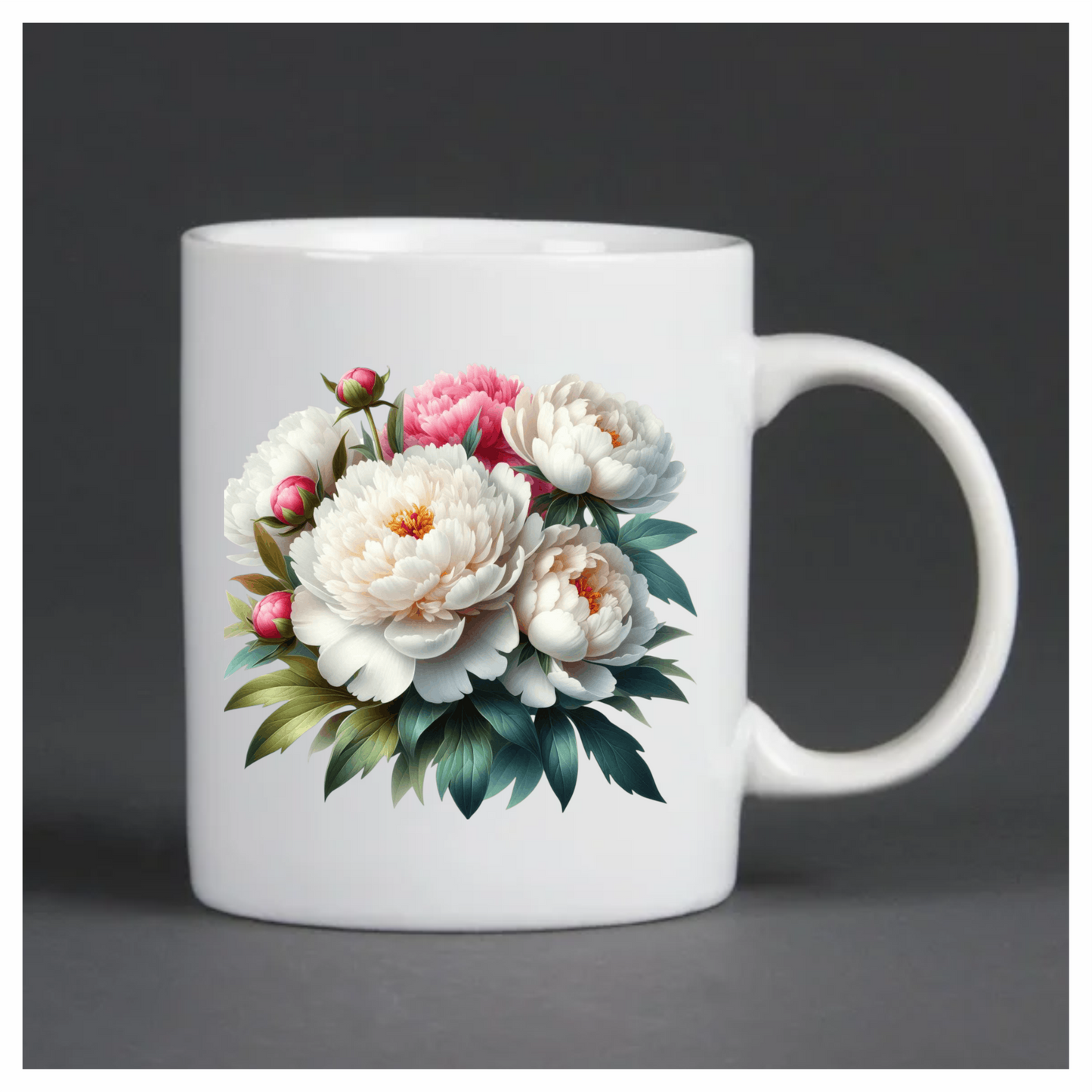 White Peony Pink Buds Green Leaves Vinyl Sticker Decal