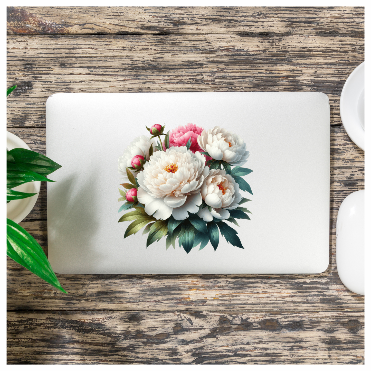 White Peony Pink Buds Green Leaves Vinyl Sticker Decal