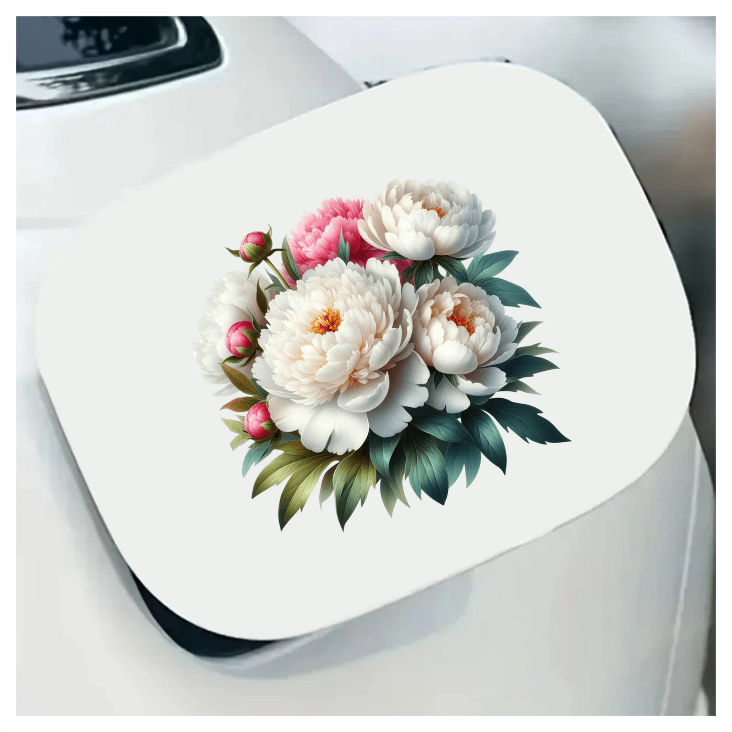 White Peony Pink Buds Green Leaves Vinyl Sticker Decal