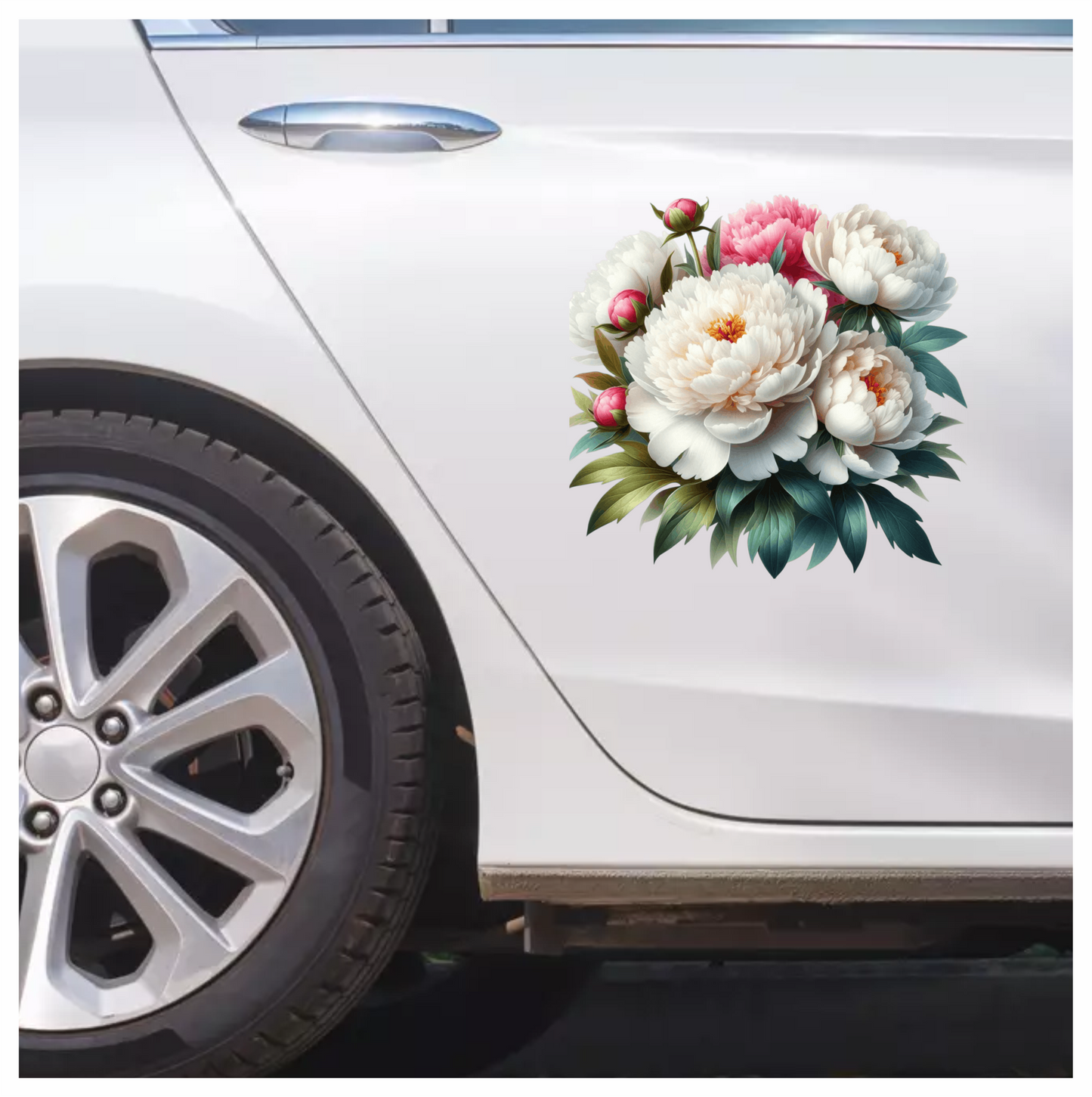 White Peony Pink Buds Green Leaves Vinyl Sticker Decal