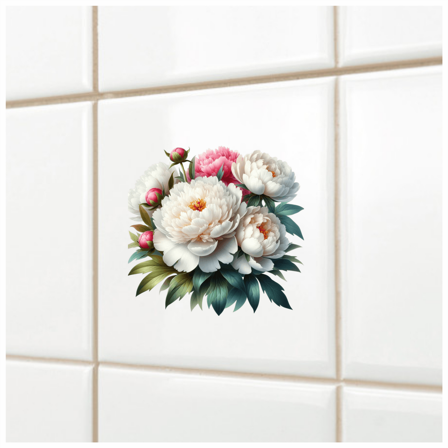 White Peony Pink Buds Green Leaves Vinyl Sticker Decal