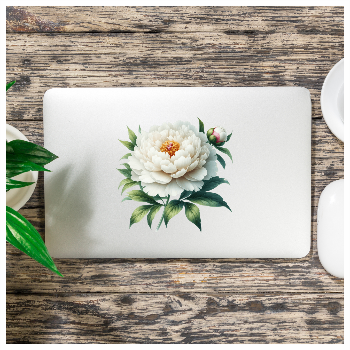White Flower Green Leaves Blooming Bud Vinyl Sticker Decal